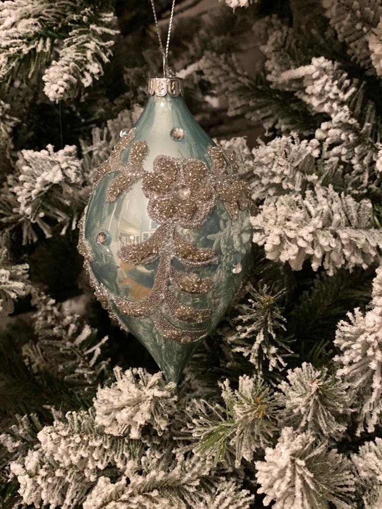 4-6"glass beaded trinity ball/kismet ornament aqua,silver 1 pair
