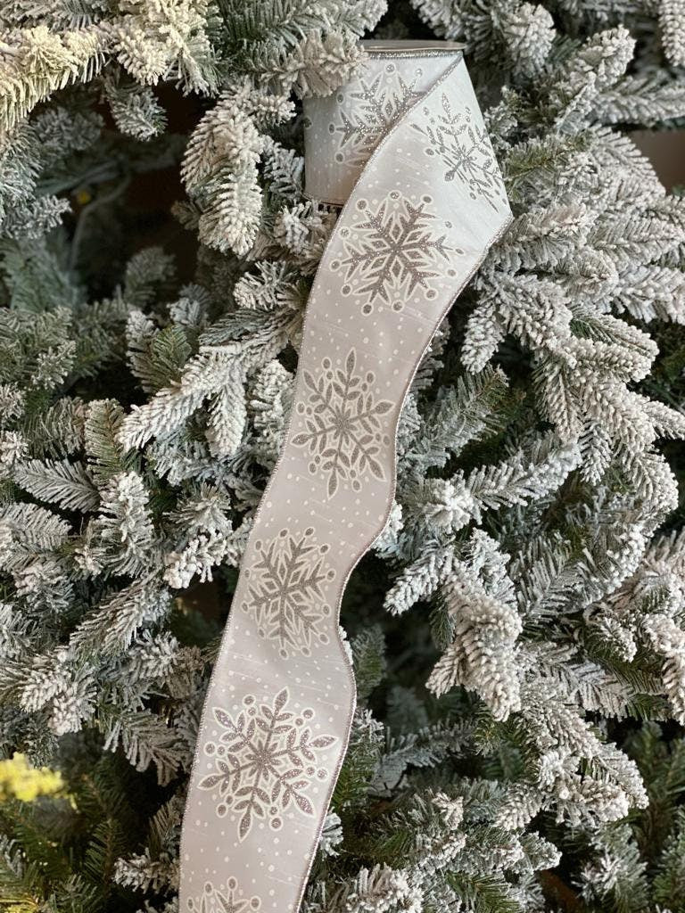 4"x10 yard glitter snowflake silver back designer ribbon