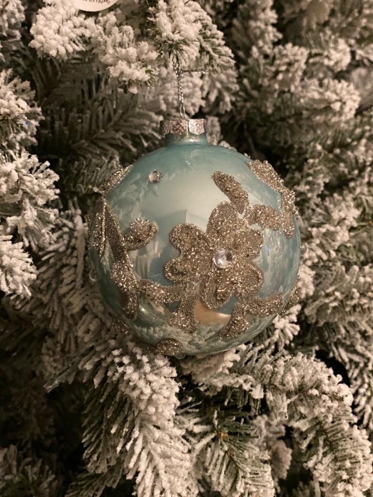 4-6"glass beaded trinity ball/kismet ornament aqua,silver 1 pair