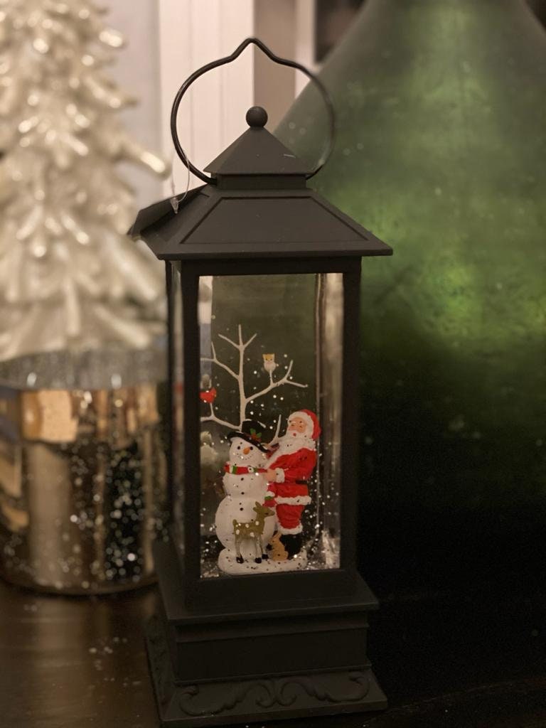 11" Santa and snowman lighted water lantern*