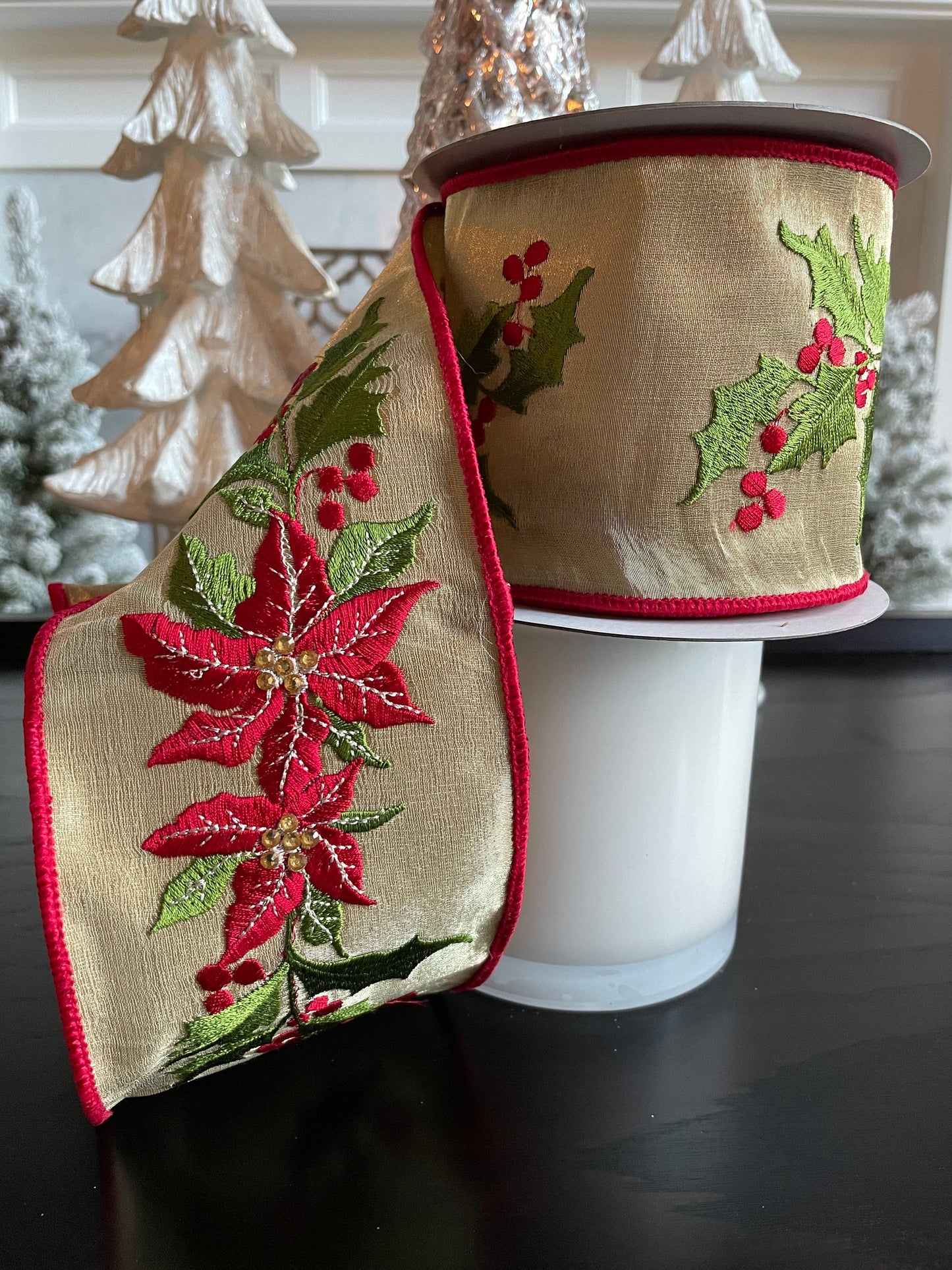 Designer poinsettia holly shimmer red and green 4” x 5 yards. *