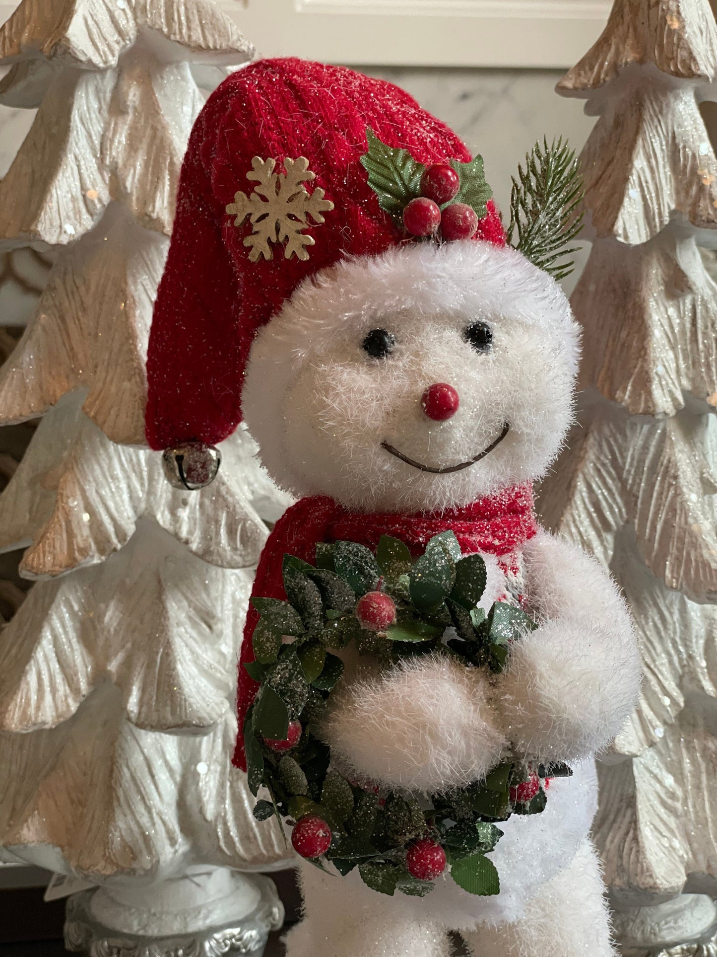 19.5” frosted snowman holly wreath tabletop ornament