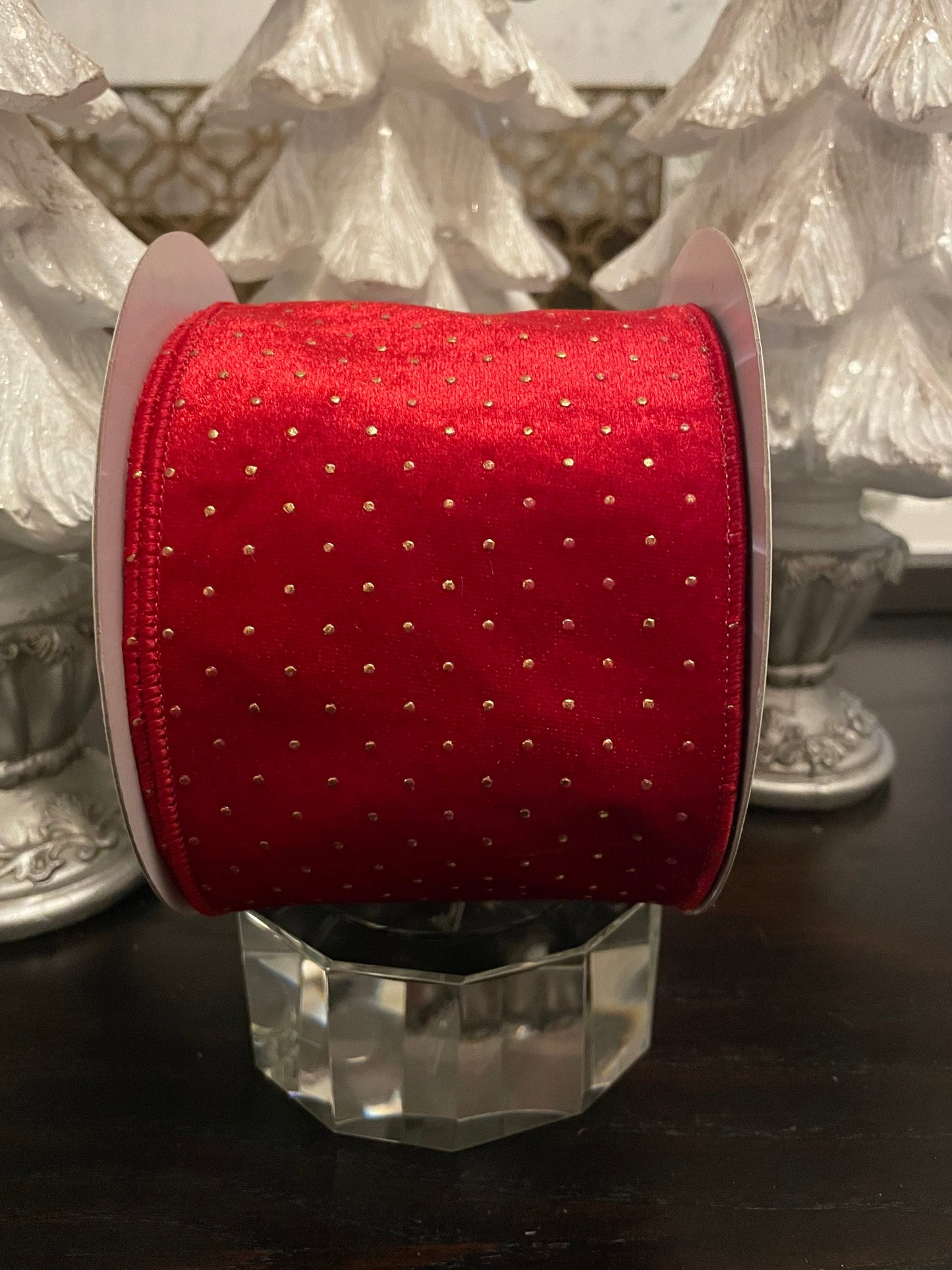 Designer textured gold dots red ribbon. 4”x 10 yards. Wired.*