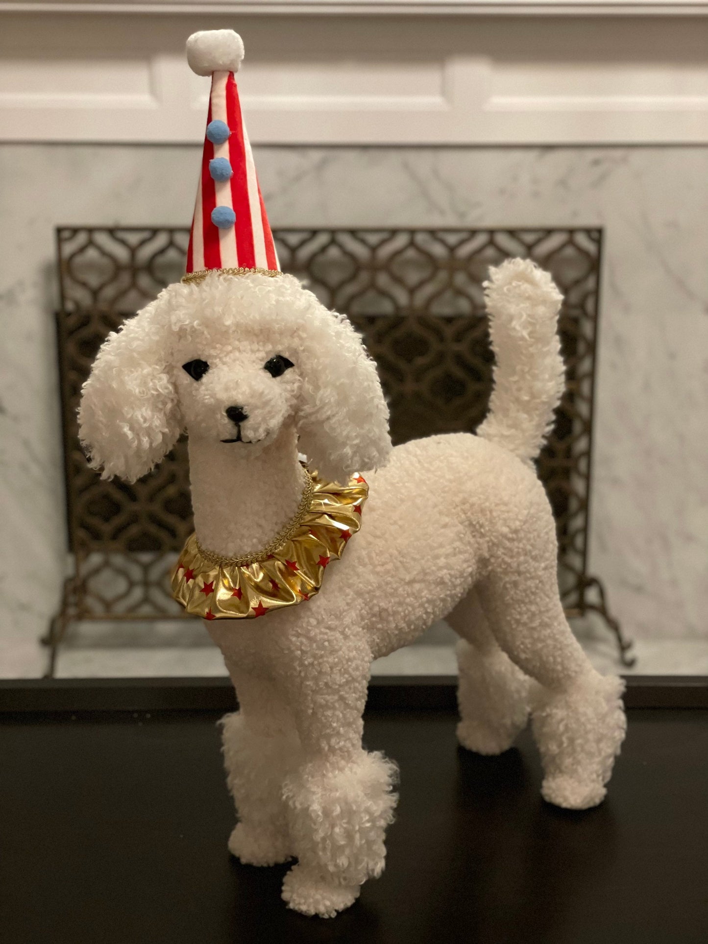31 h x 22 w inch Circus dog poodle ornament/tabletop. Lace and party hat embellishments. Circus. Christmas. Animal party.