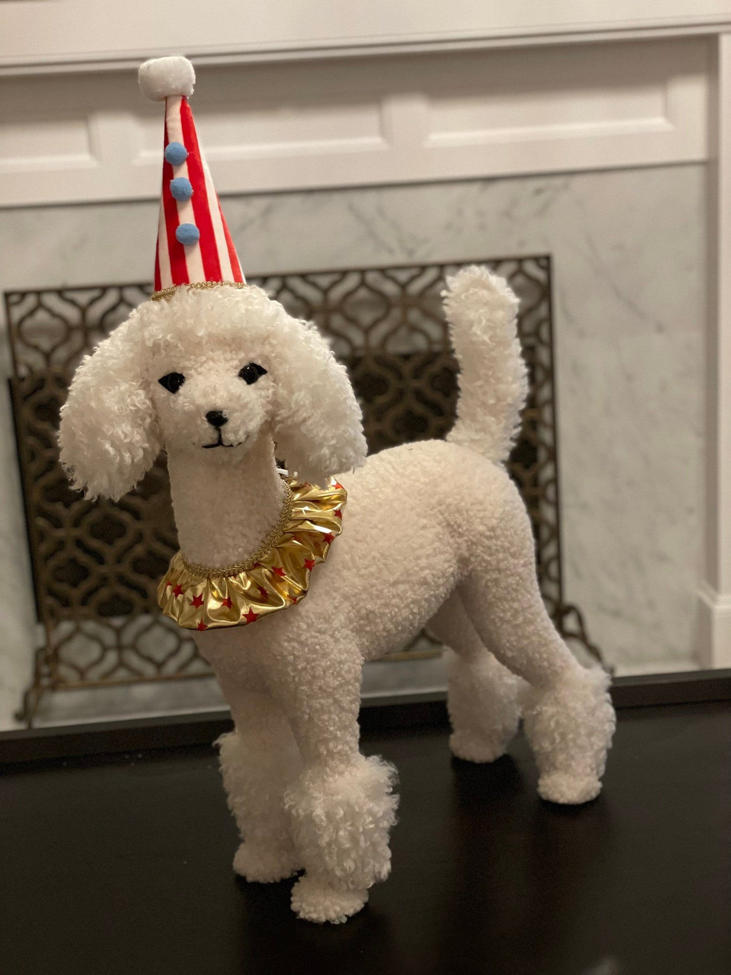 31 h x 22 w inch Circus dog poodle ornament/tabletop. Lace and party hat embellishments. Circus. Christmas. Animal party.