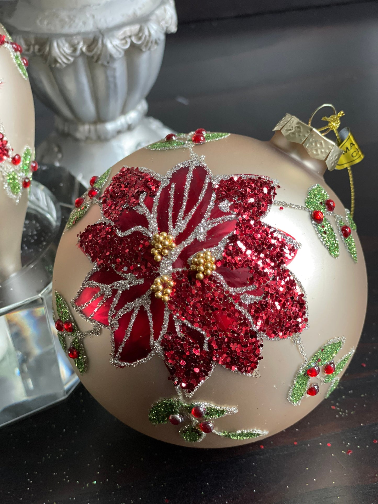 4" Poinsettia glass ornaments set of 3. Ball, onion and finial.*