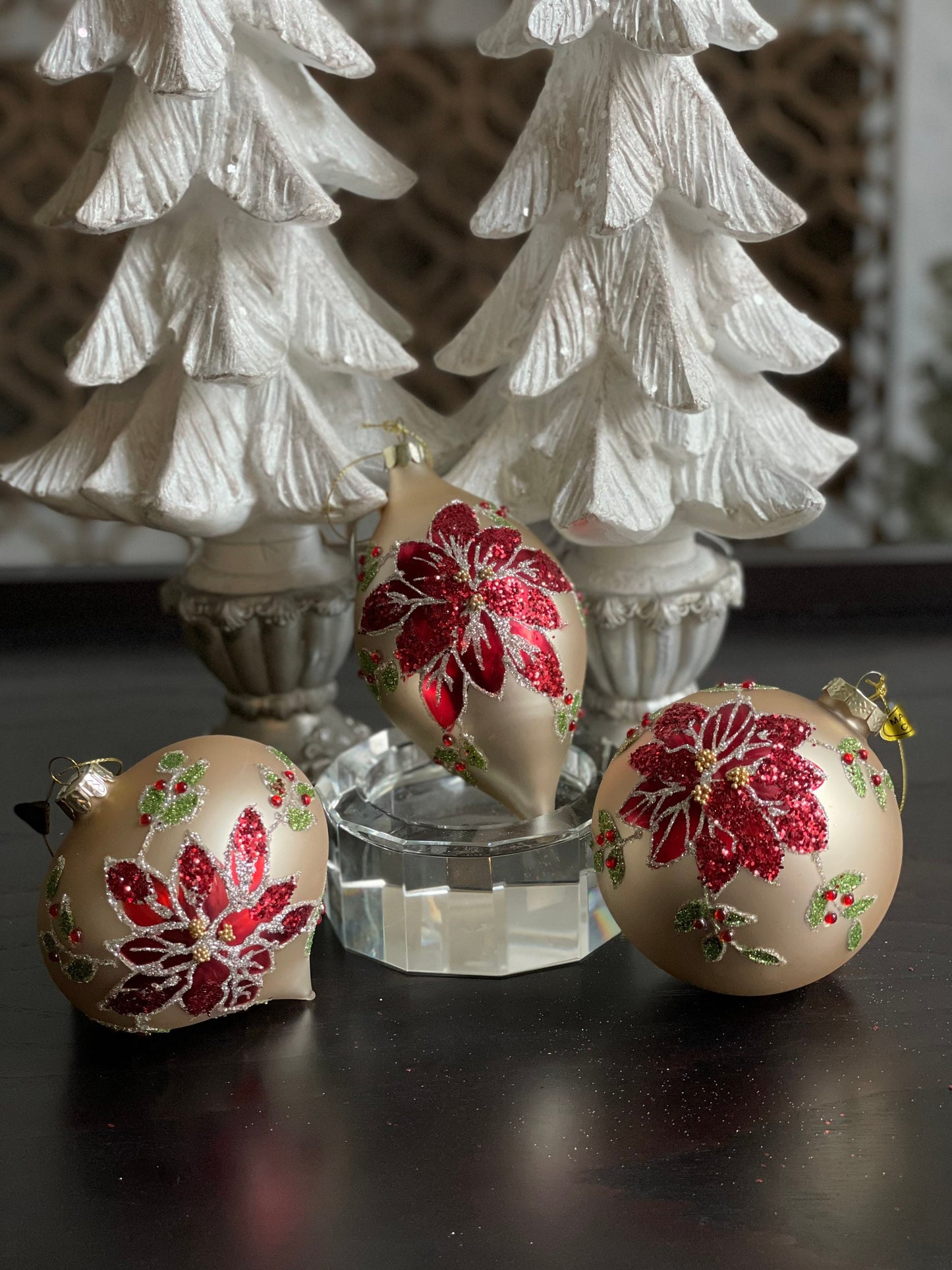 4" Poinsettia glass ornaments set of 3. Ball, onion and finial.*