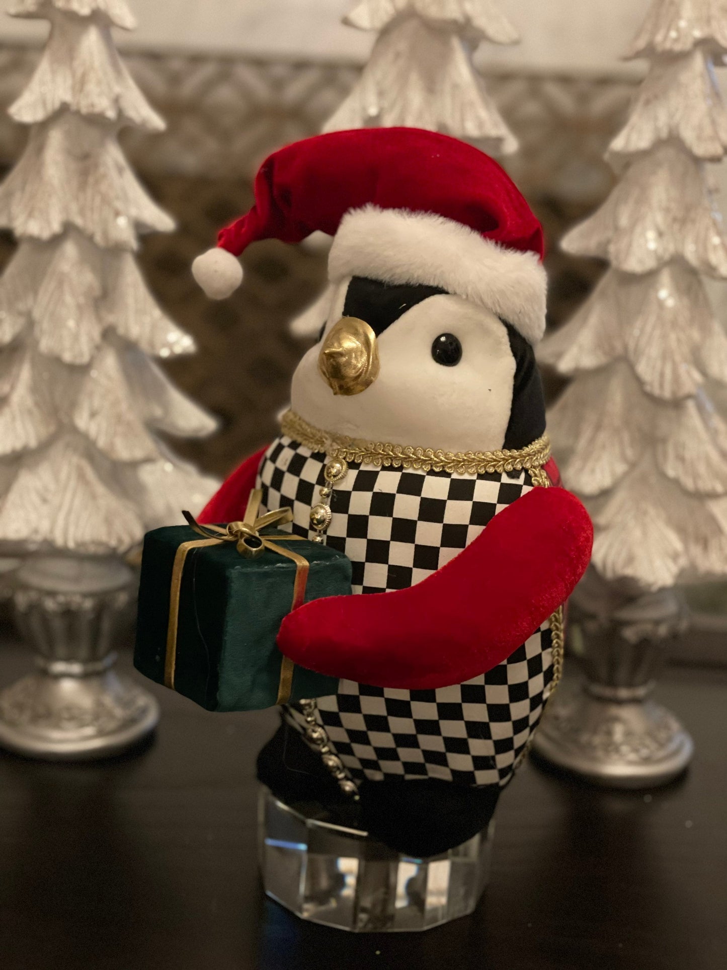 13” H x 8 W. Penguin red checkered ornament. Green, red, white and black. Christmas.