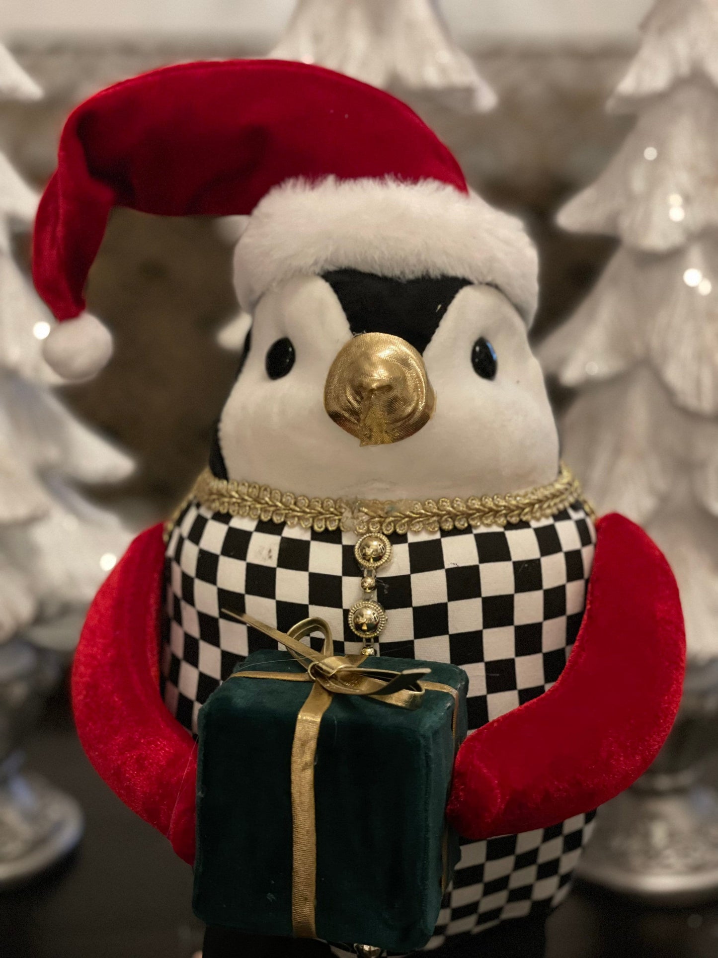 13” H x 8 W. Penguin red checkered ornament. Green, red, white and black. Christmas.