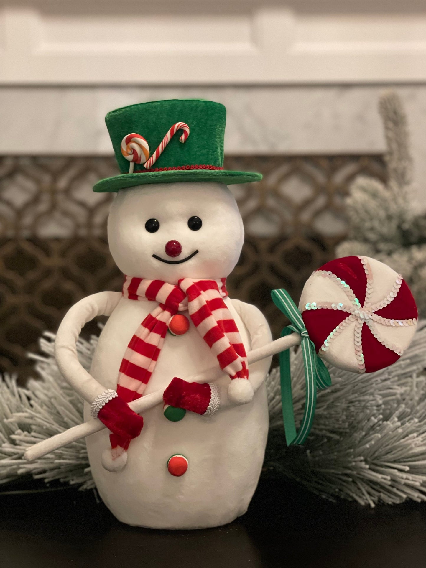 16"velvet snowman w/scarf & lollipop