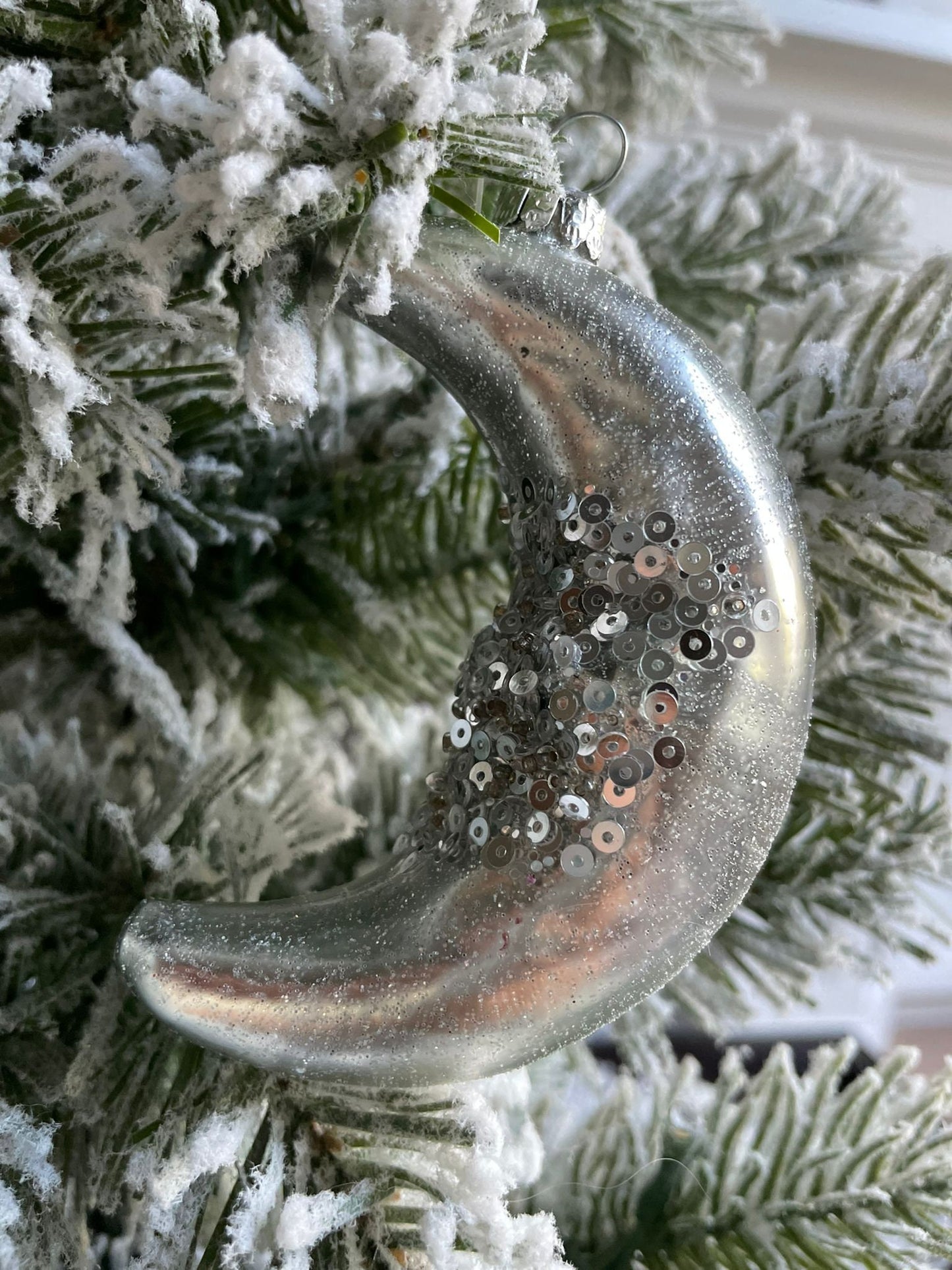 4"glass glitter/sequin half moon ornament