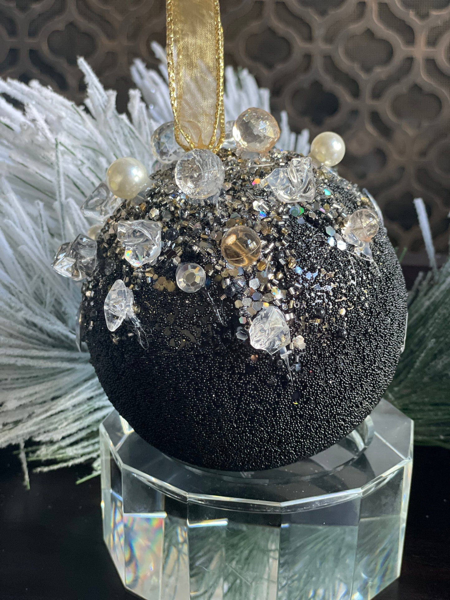 5” Beaded bejeweled ball black
