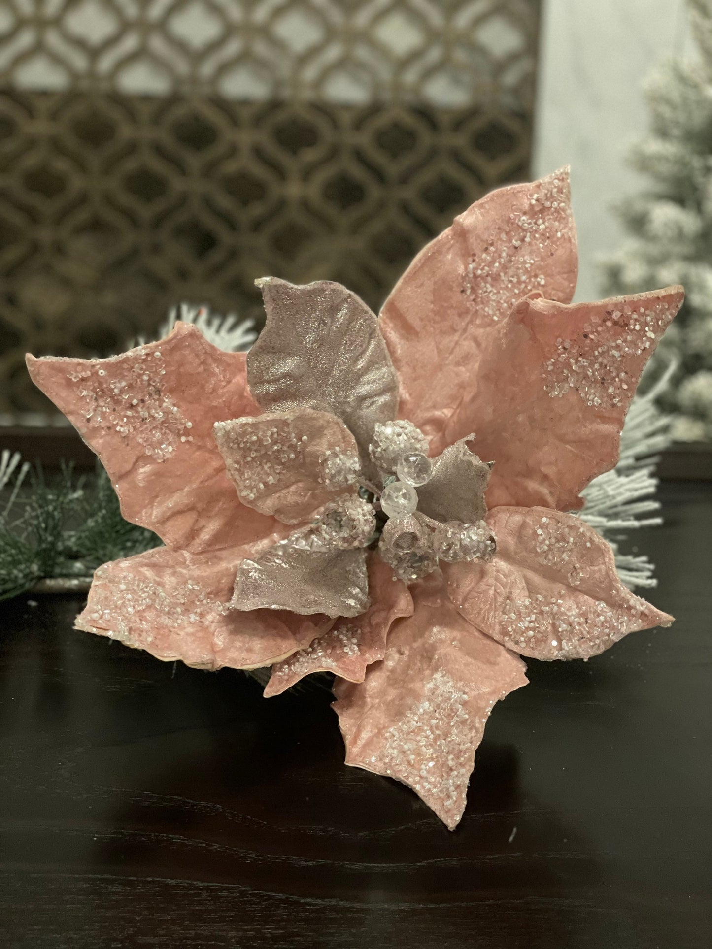 19" Extra large Poinsettia stem pink glitter, jewels and beads, 19" tip to tip. Stem measures 14”.