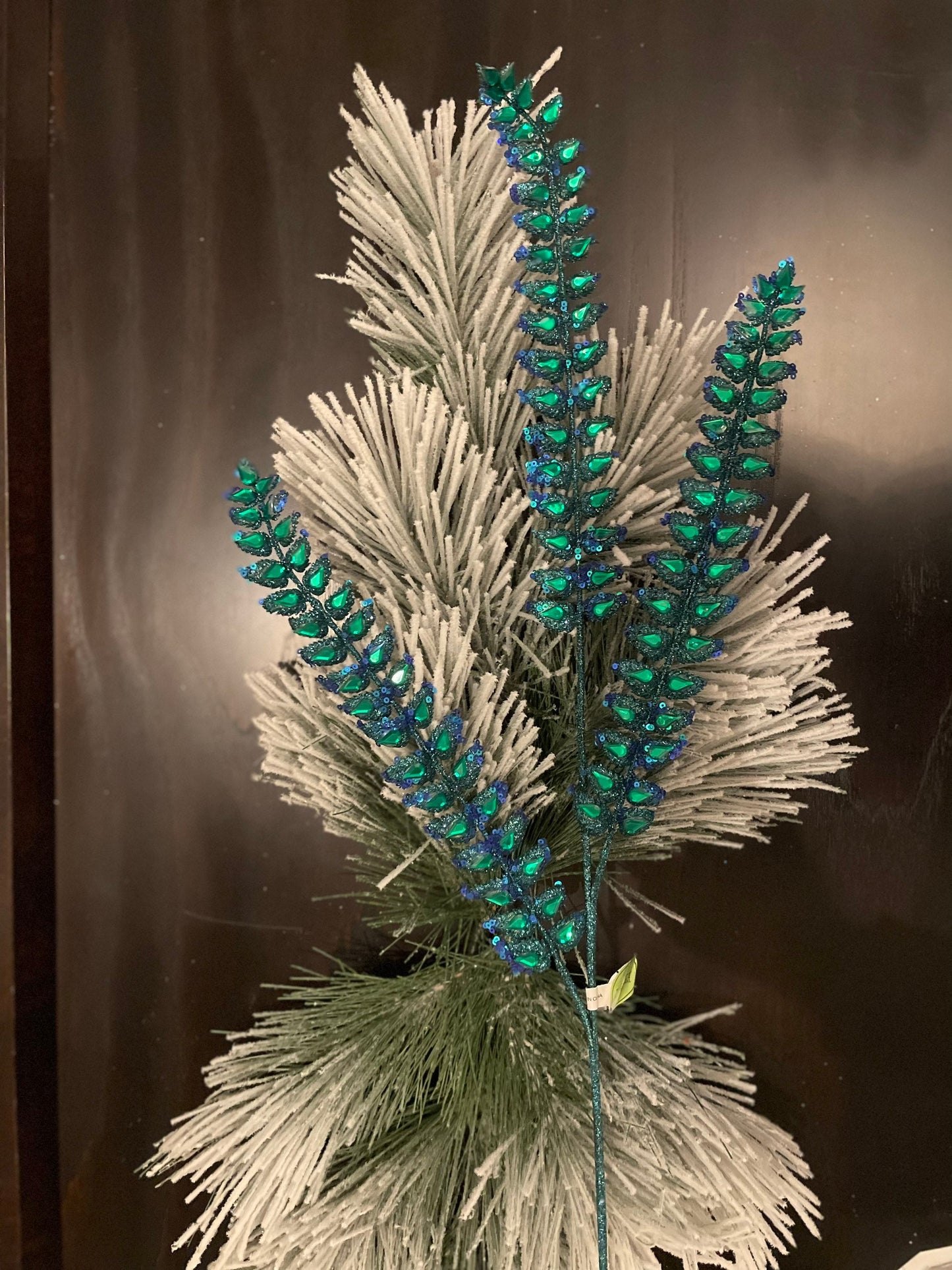 Set of 3. 34.5"jeweled glitter fern spray. Peacock.