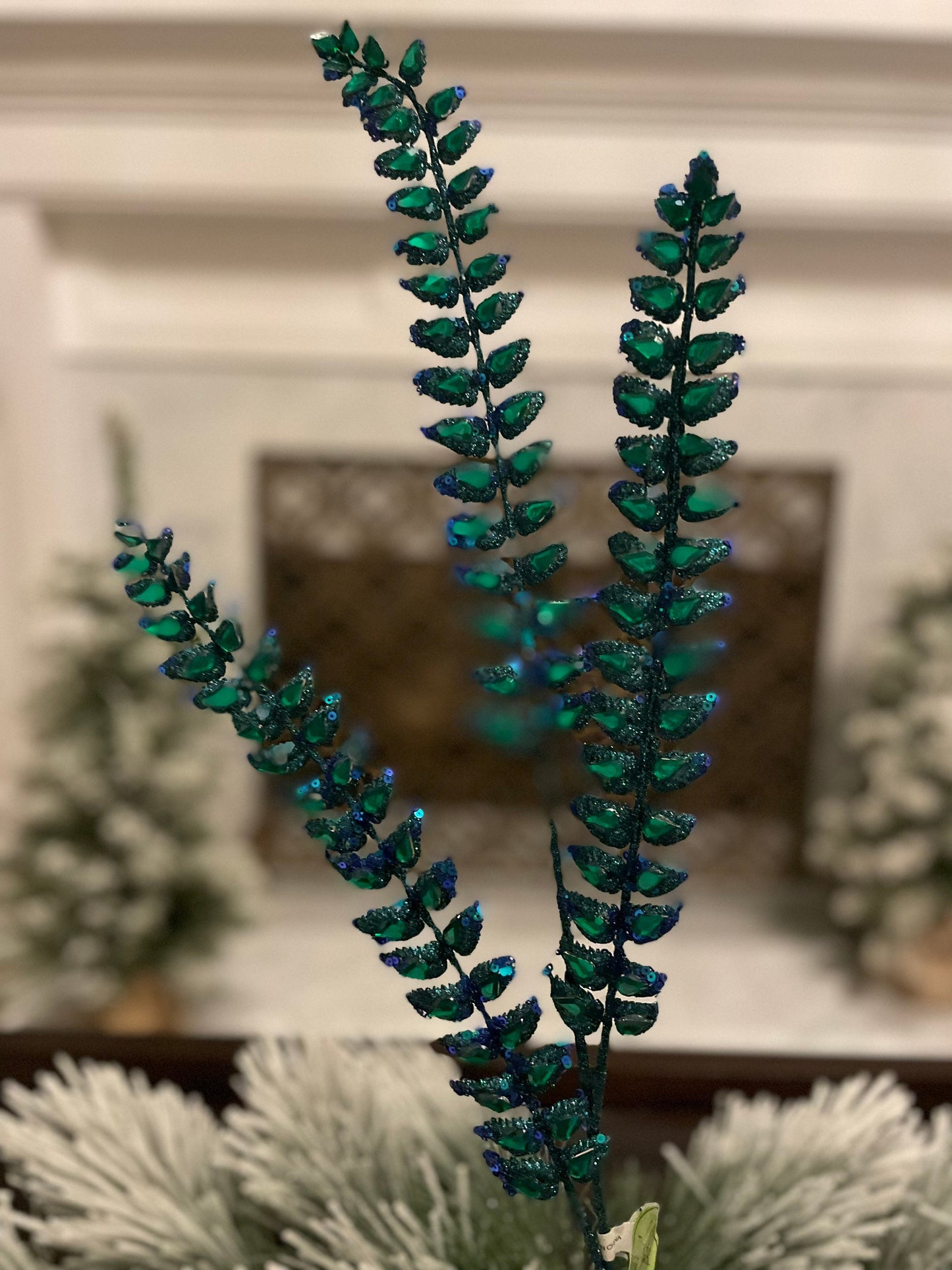 Set of 3. 34.5"jeweled glitter fern spray. Peacock.