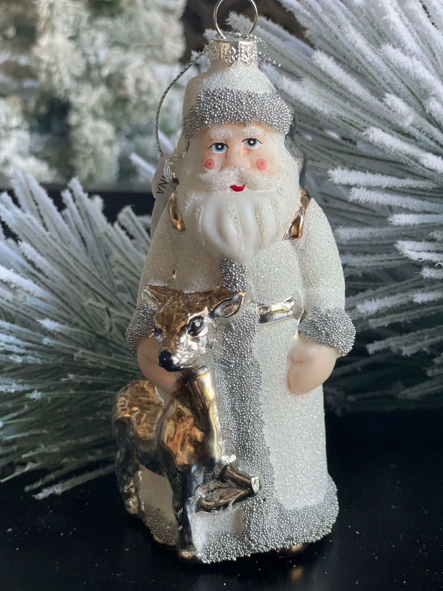 6" glass beaded santa w/deer ornament