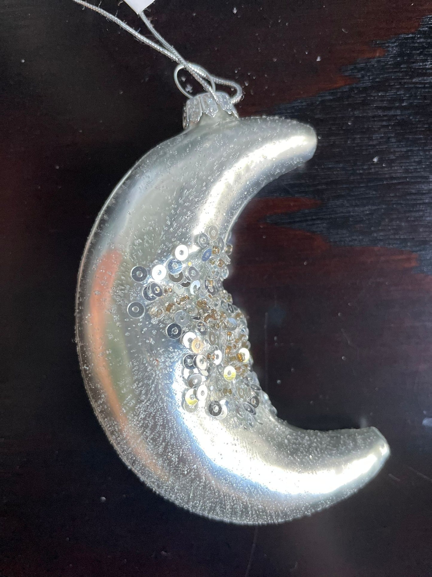 4"glass glitter/sequin half moon ornament