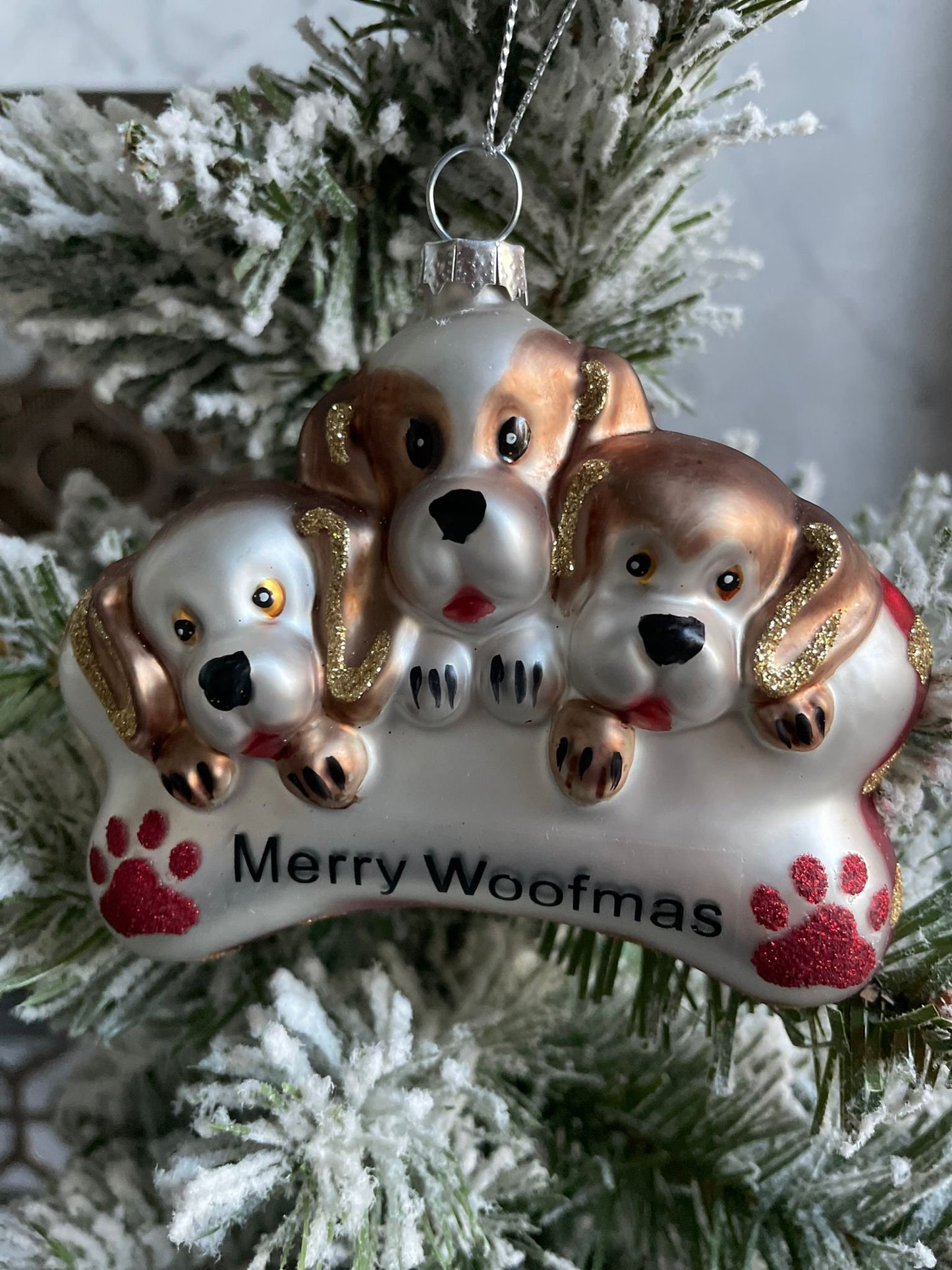 4" glass dogs "merry woofmas" bone ornament.