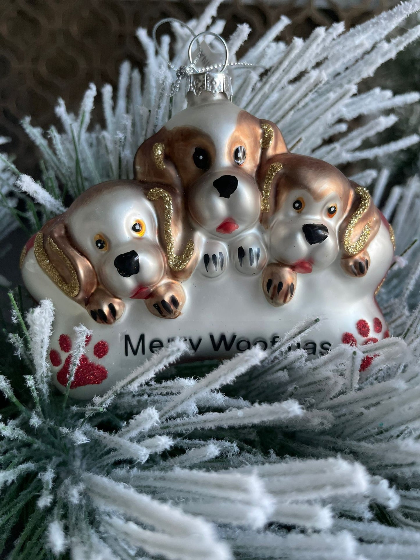 4" glass dogs "merry woofmas" bone ornament.