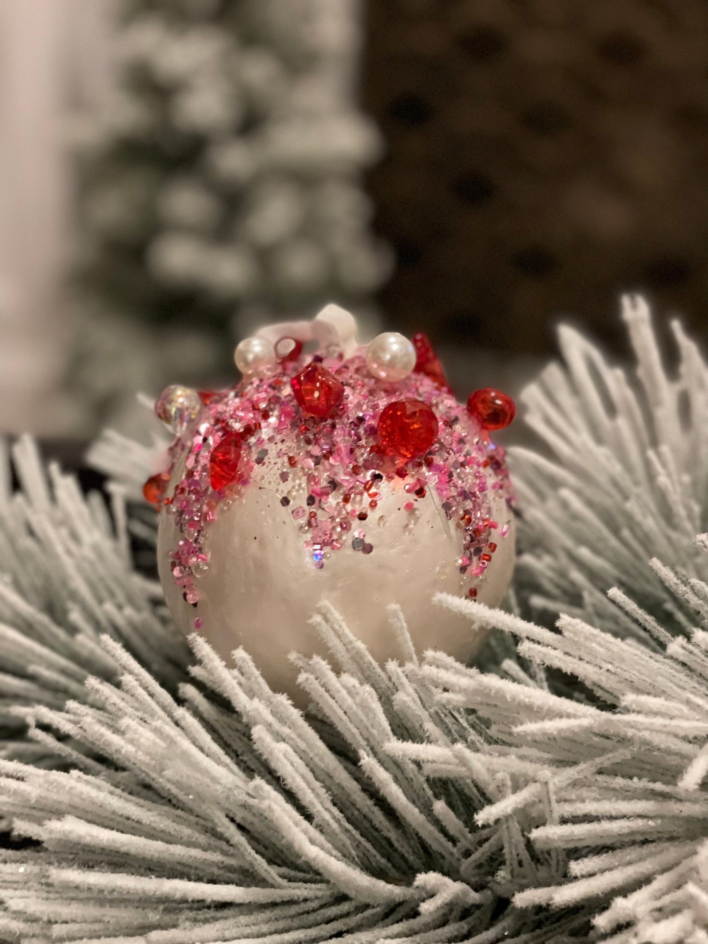 4.5" Pearl jeweled ball. White, red and pink.