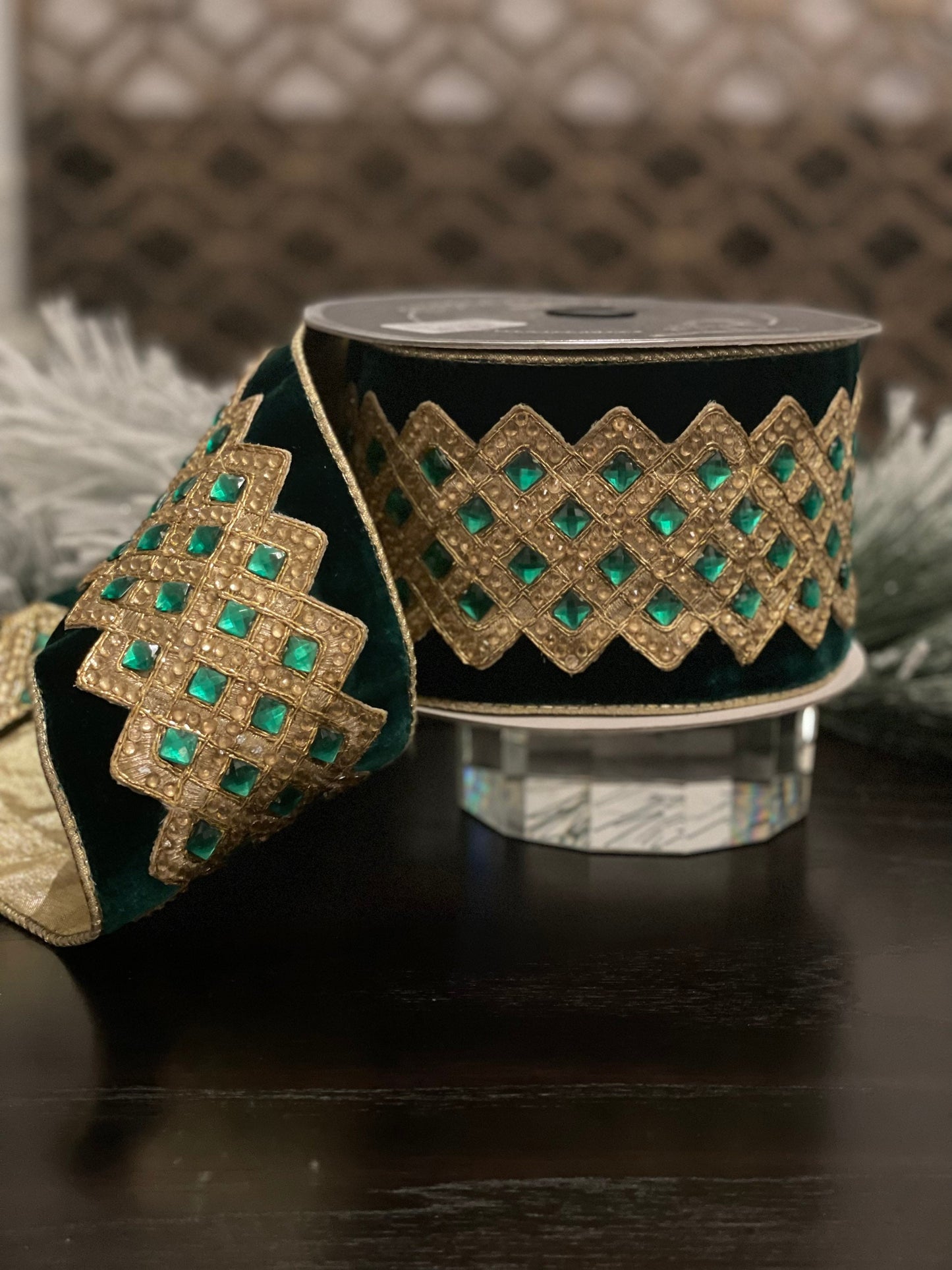 4” x 5 yds. Velvet bejeweled lattice emerald ribbon. Wired. Farrisilk.*