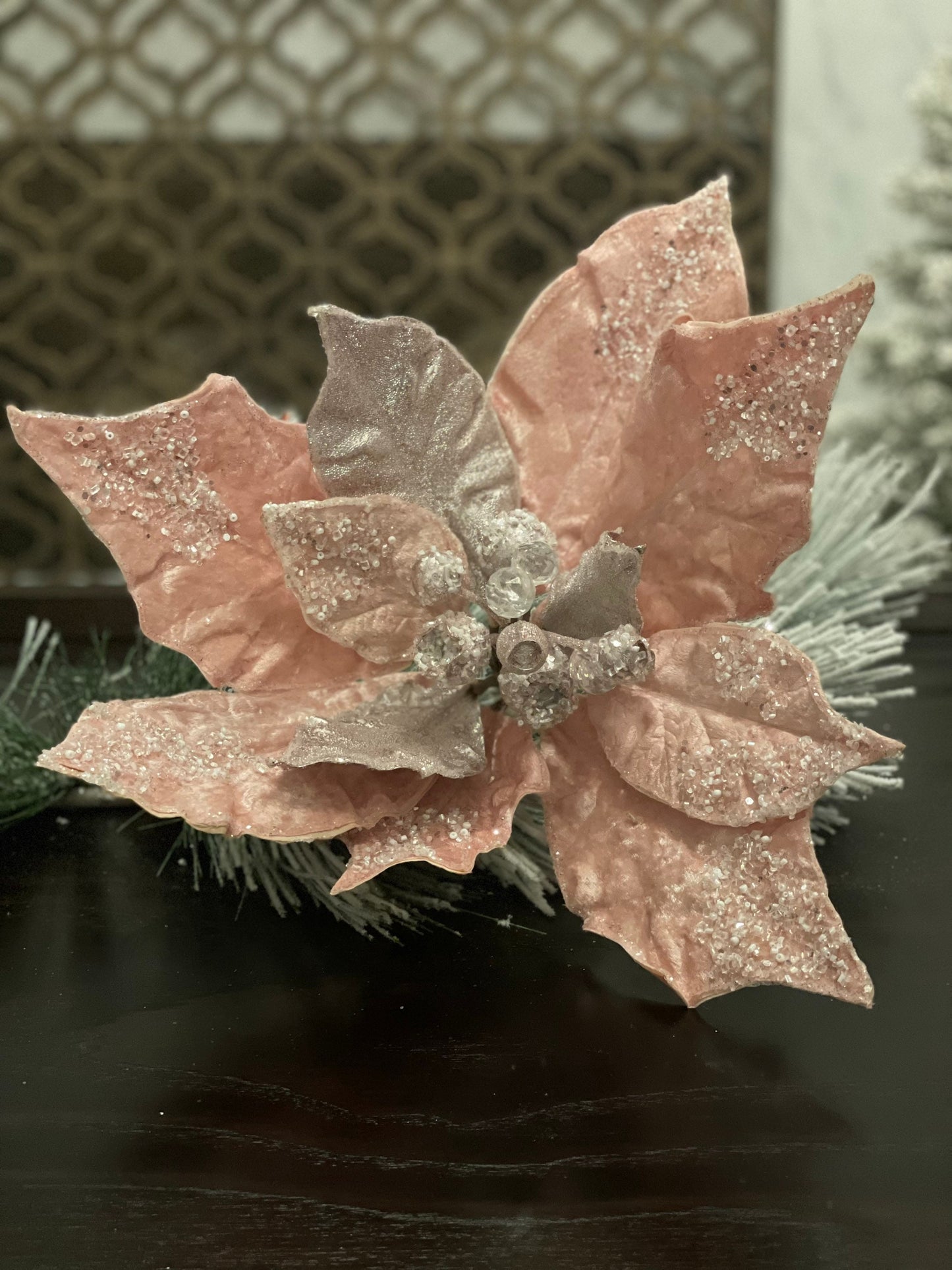 19" Extra large Poinsettia stem pink glitter, jewels and beads, 19" tip to tip. Stem measures 14”.