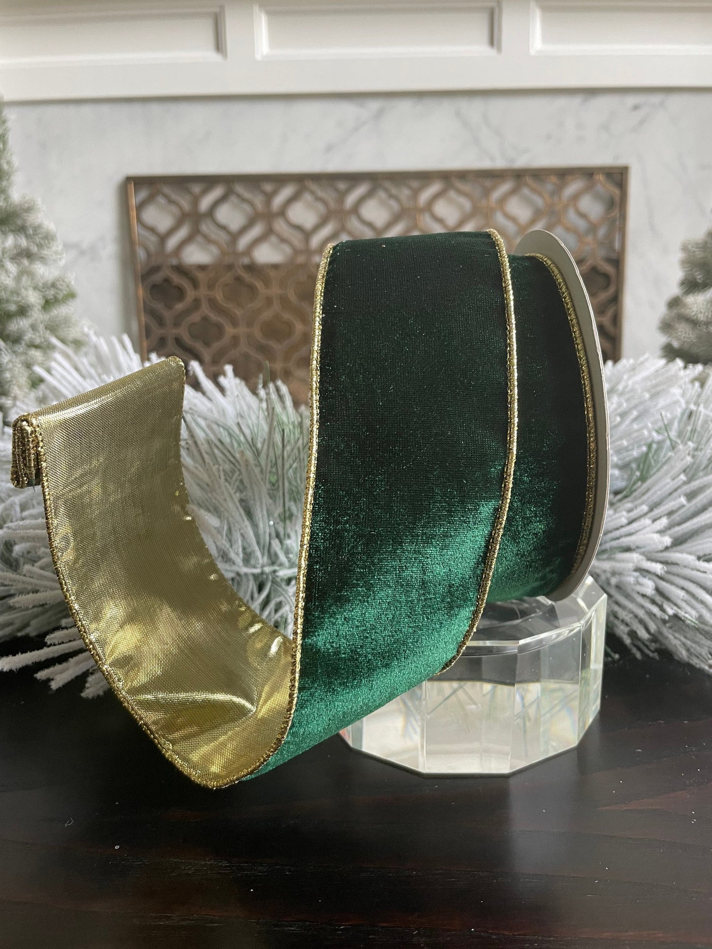 velvet emerald ribbon with gold back. Emerald and gold. 2.5”x 10 yards. Wired.*