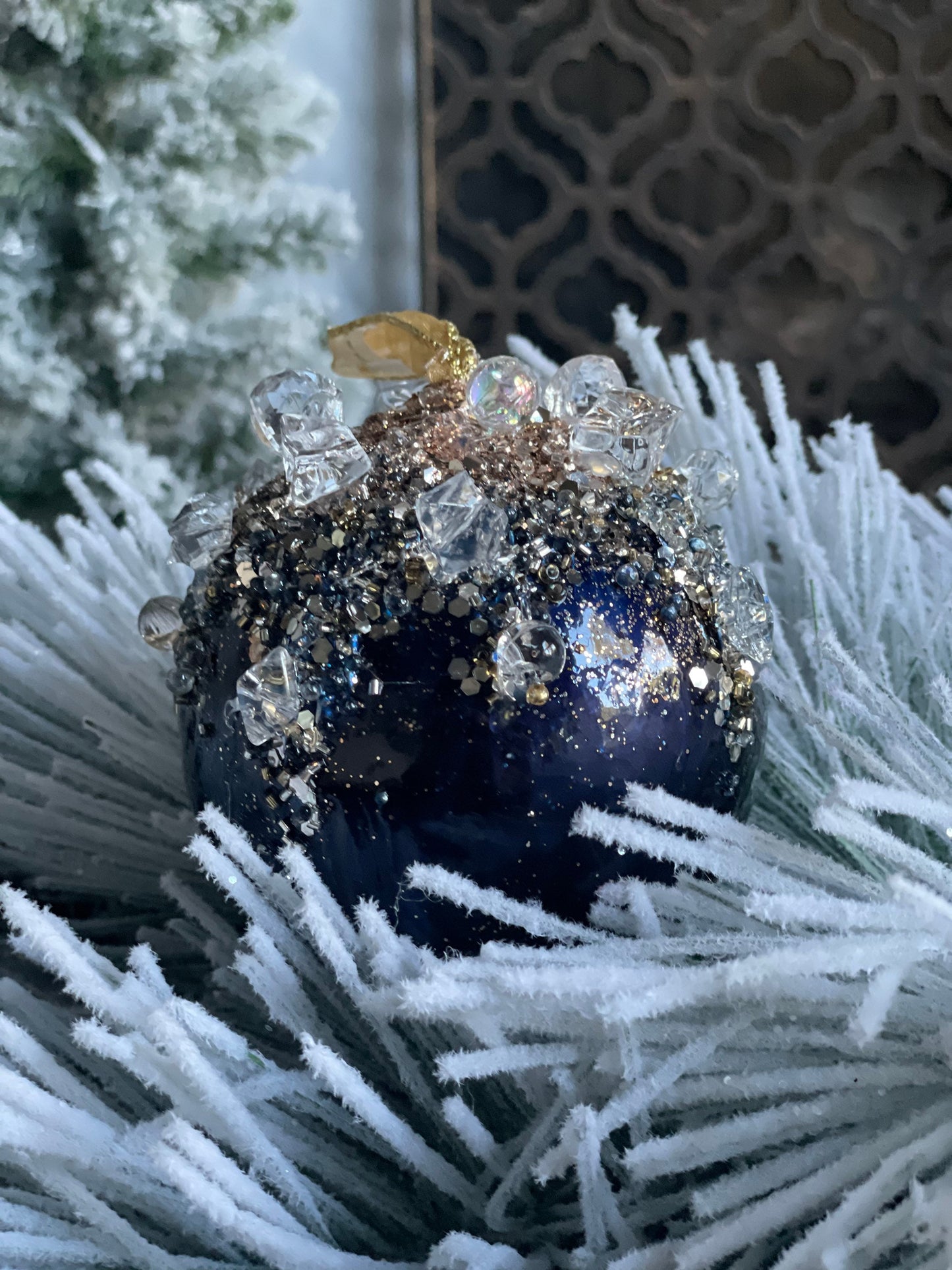 4"Heavy jeweled ball ornament. Blue/ Sapphire and gold.