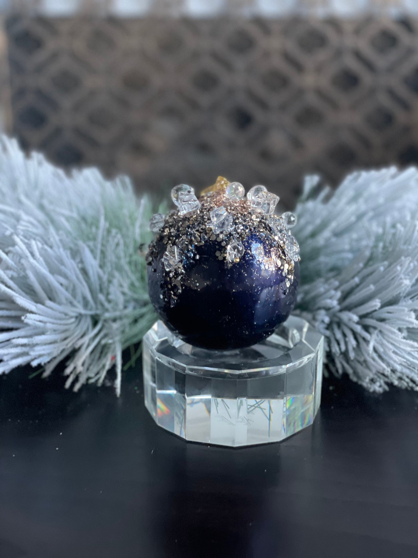 4"Heavy jeweled ball ornament. Blue/ Sapphire and gold.