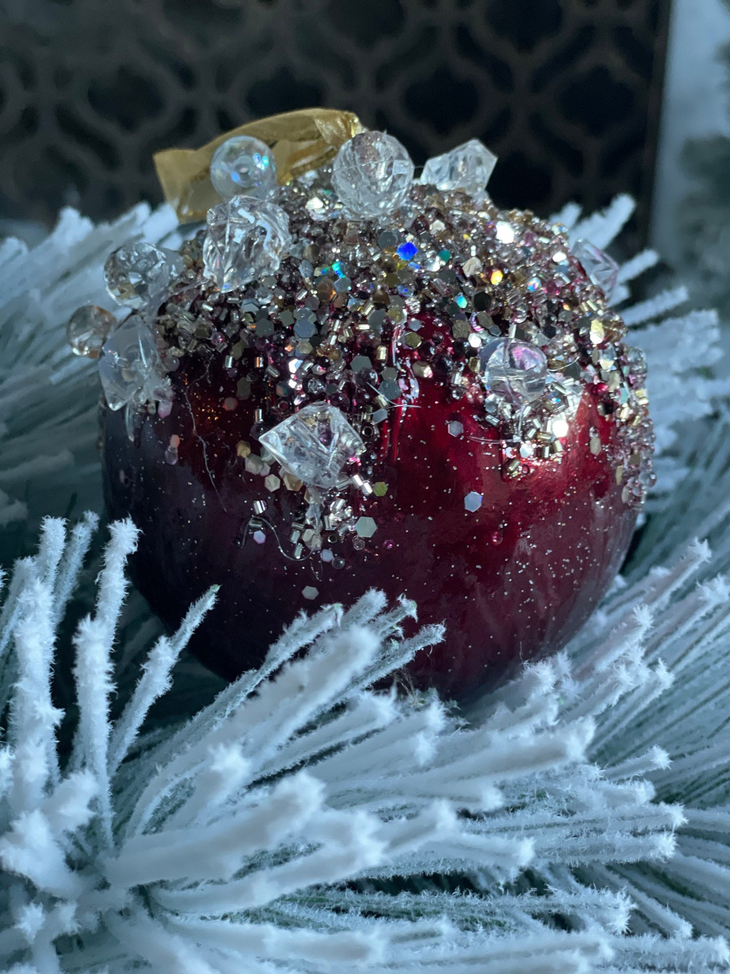 4"Heavy jeweled ball ornament. Burgundy and gold.