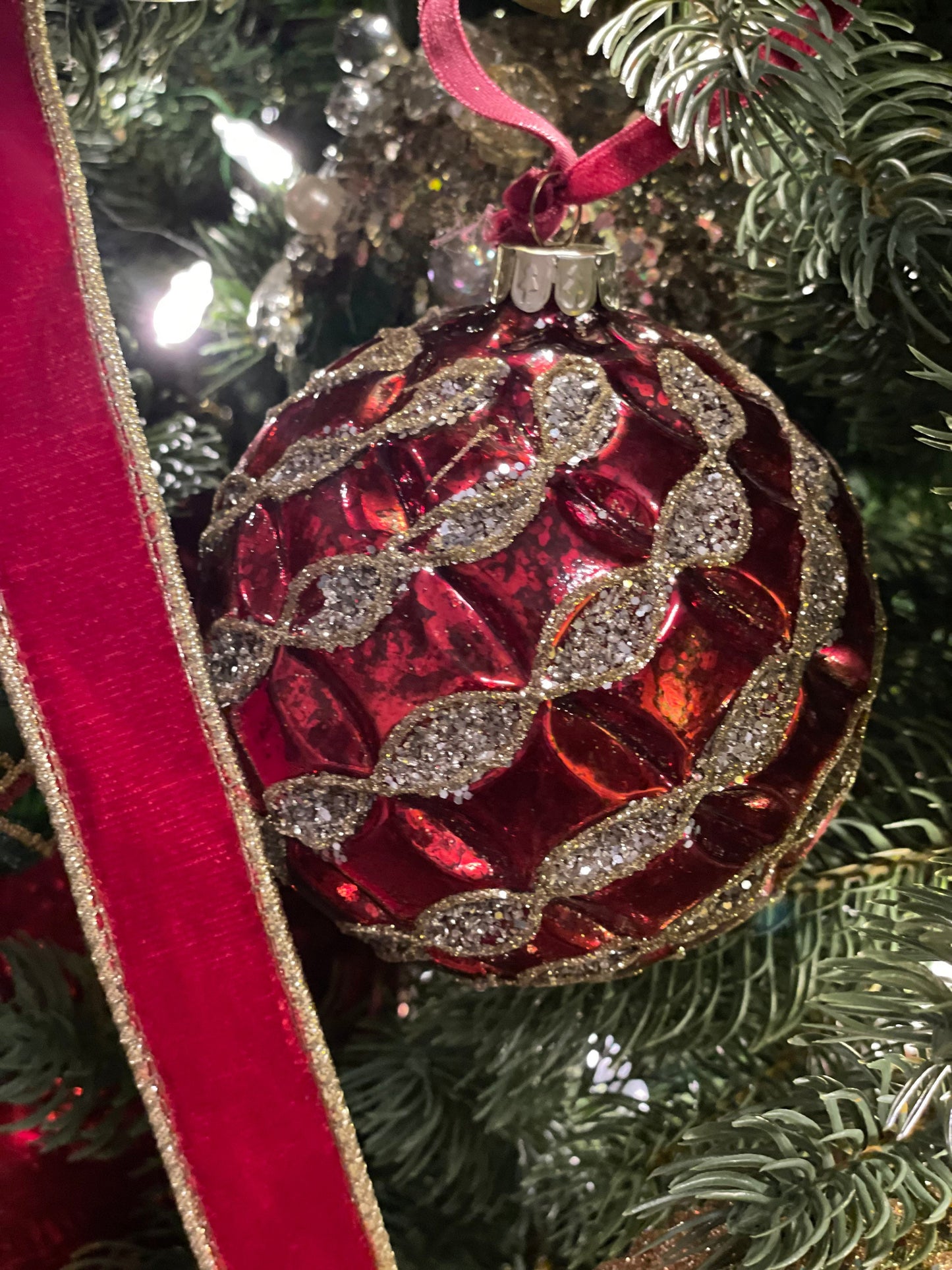 4" Mercury glass beaded ribbon ball ornament. Red and gold.