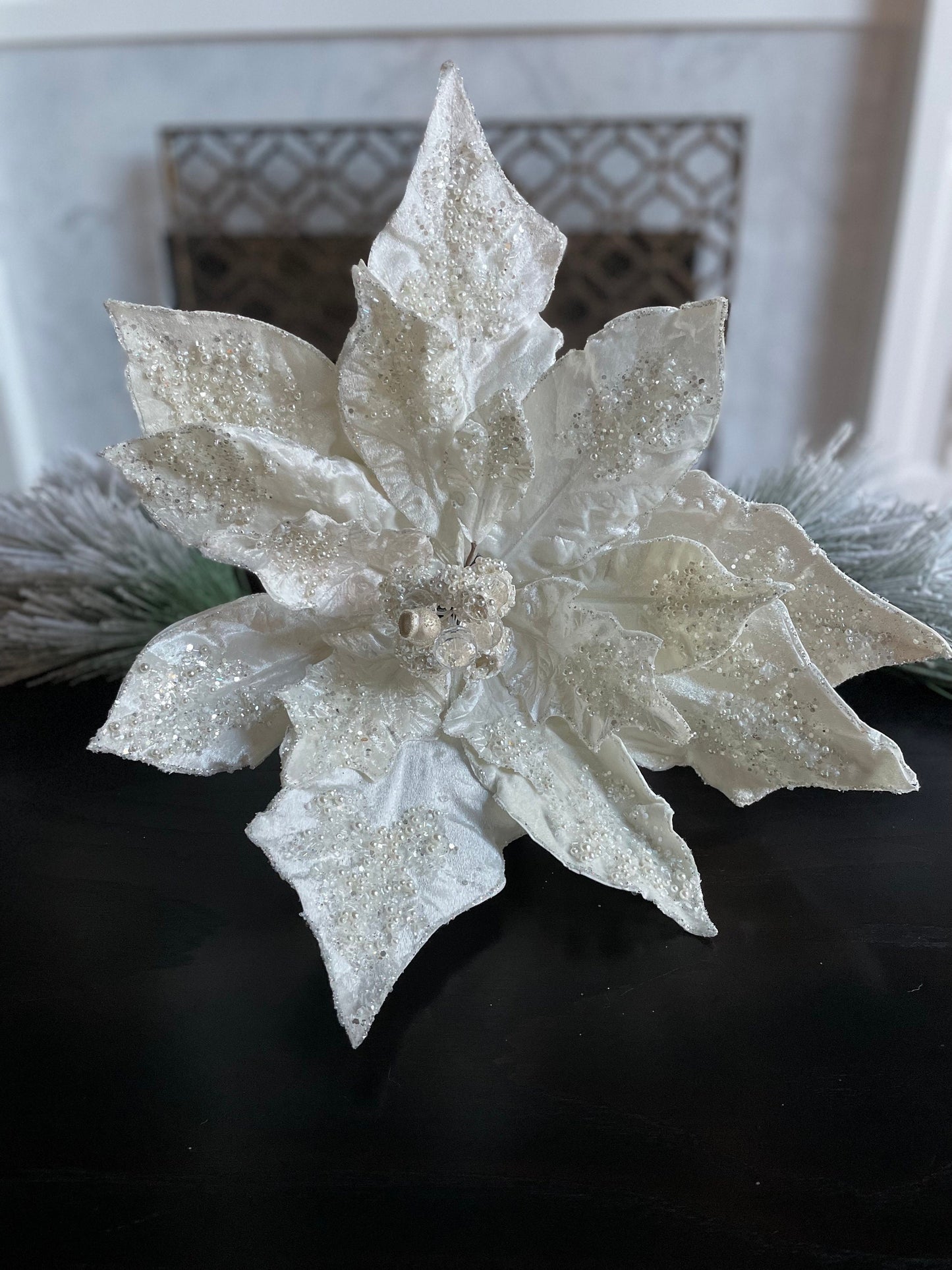 22” Poinsettia pick pearl, soft white, pearls and sequins 22” tip to tip.