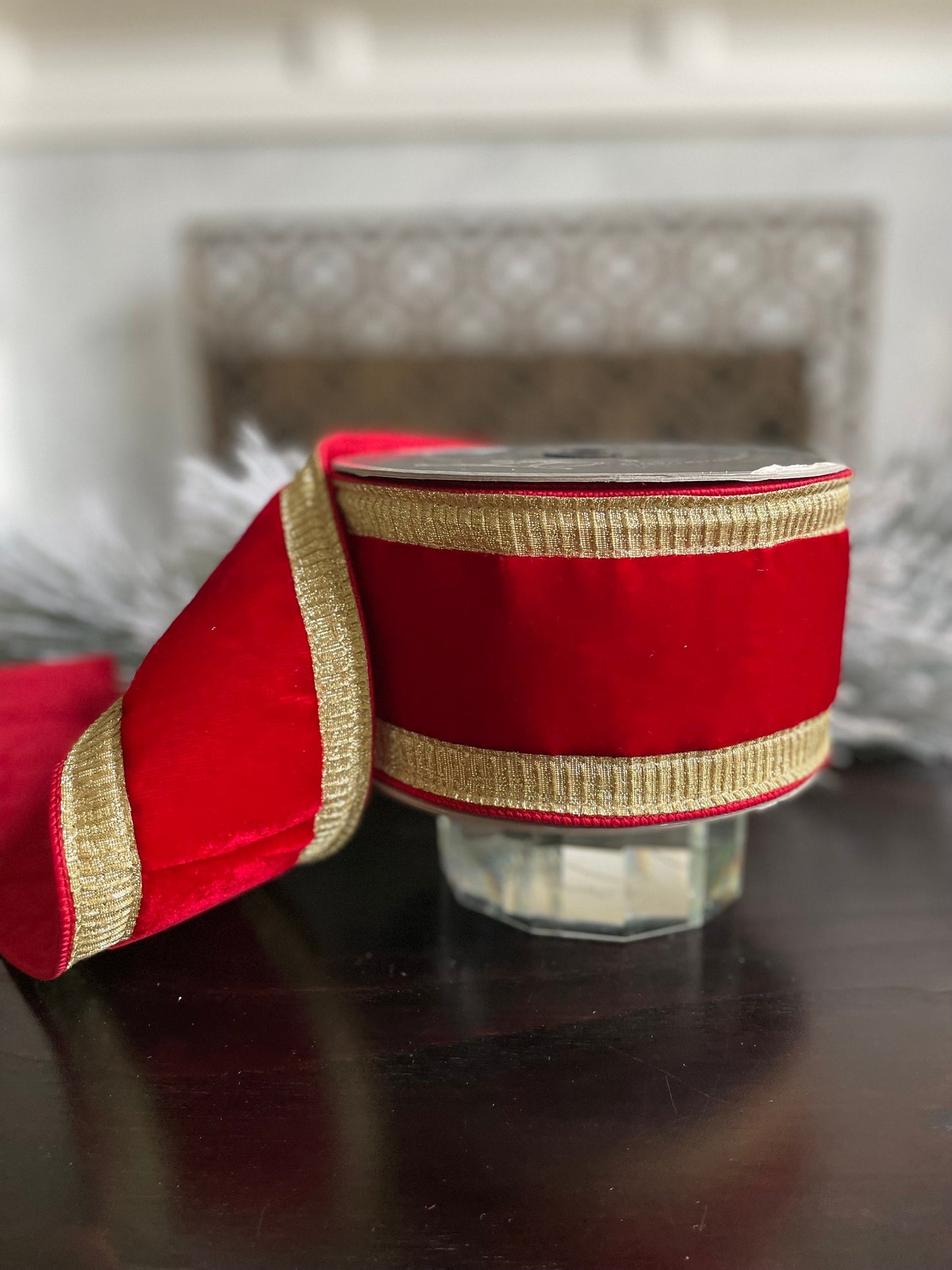 4” x 10 yds Designer pleated borders ribbon, red velvet ribbon with gold borders. Wired. Farrisilk.