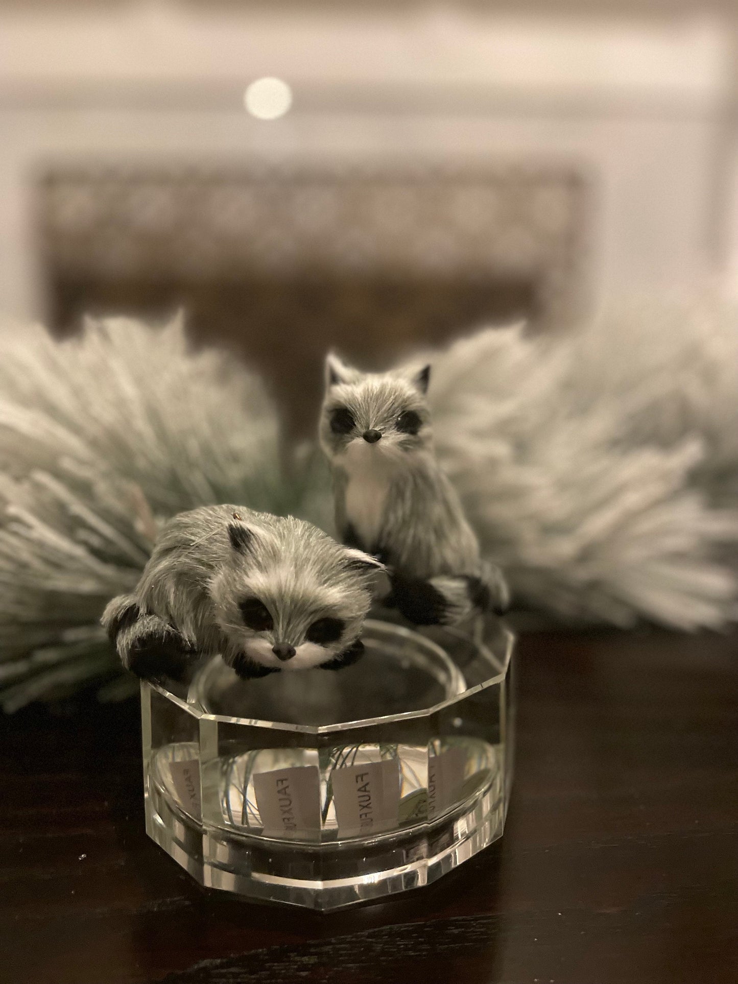 Set of 2. 3.5” furry raccoon ornament. Forest animal.