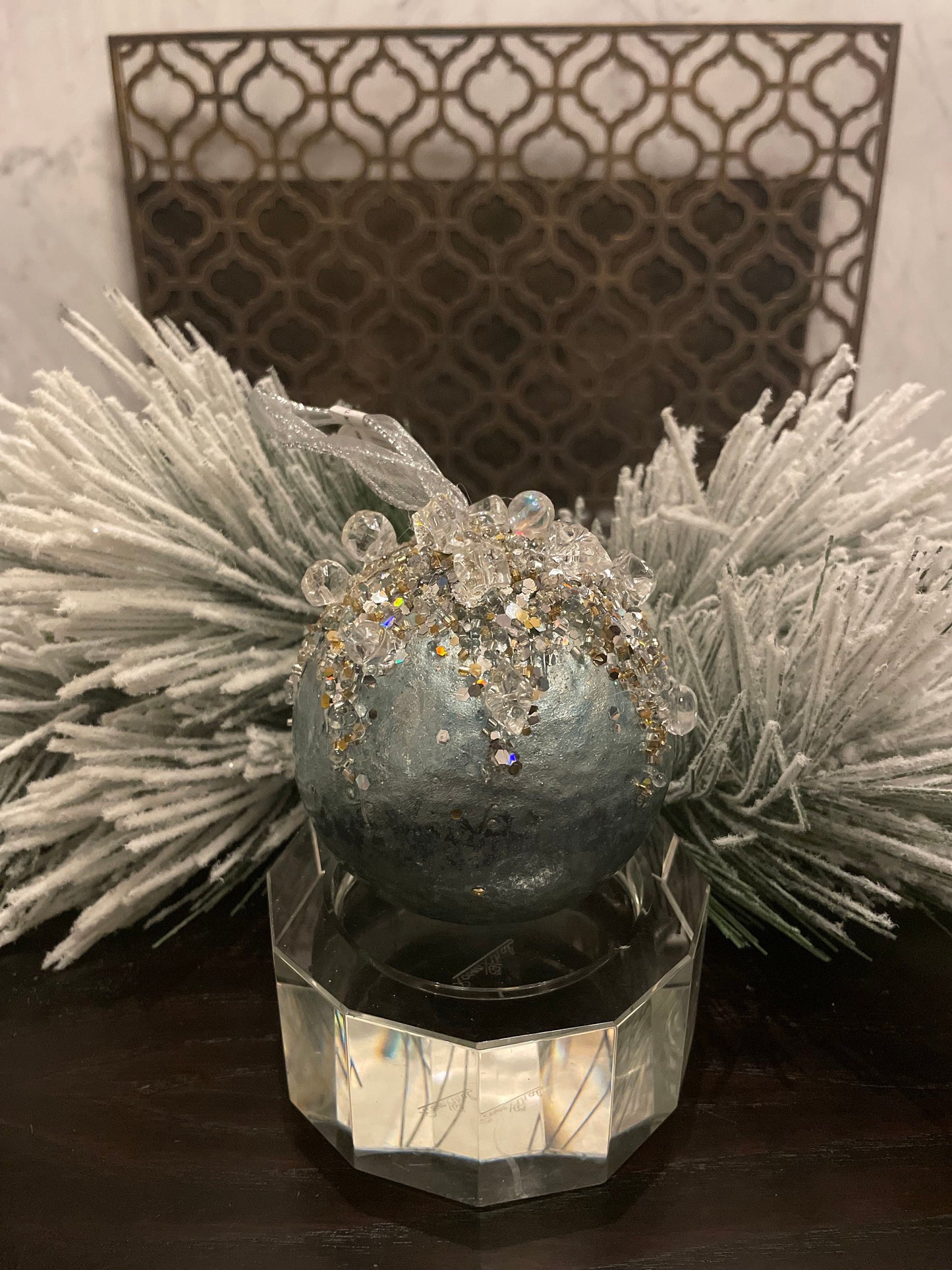 4" heavy jeweled ball ornament aqua