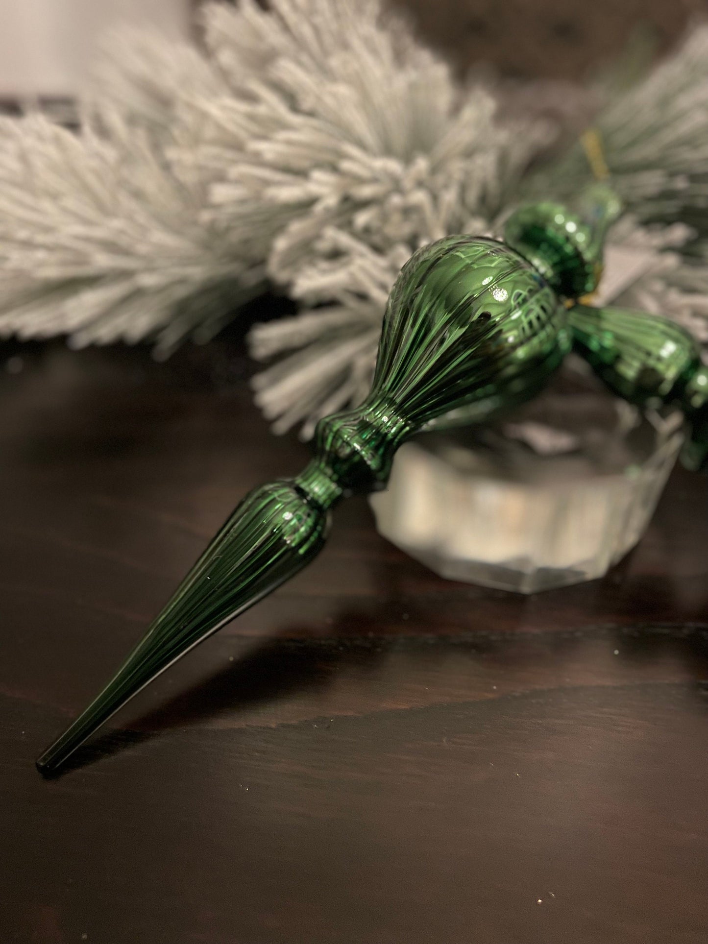 Set of 2. 11.75” Finial glass ornament. Green.