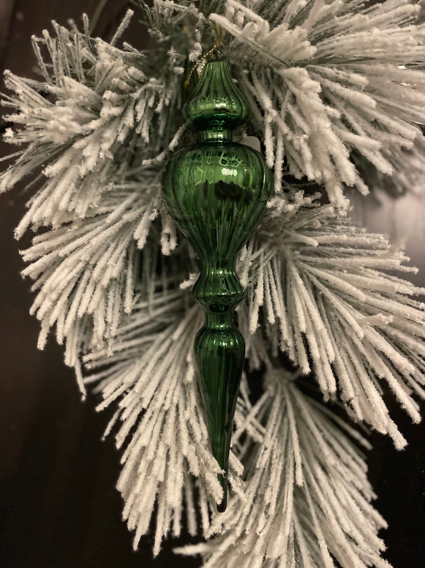 Set of 2. 11.75” Finial glass ornament. Green.