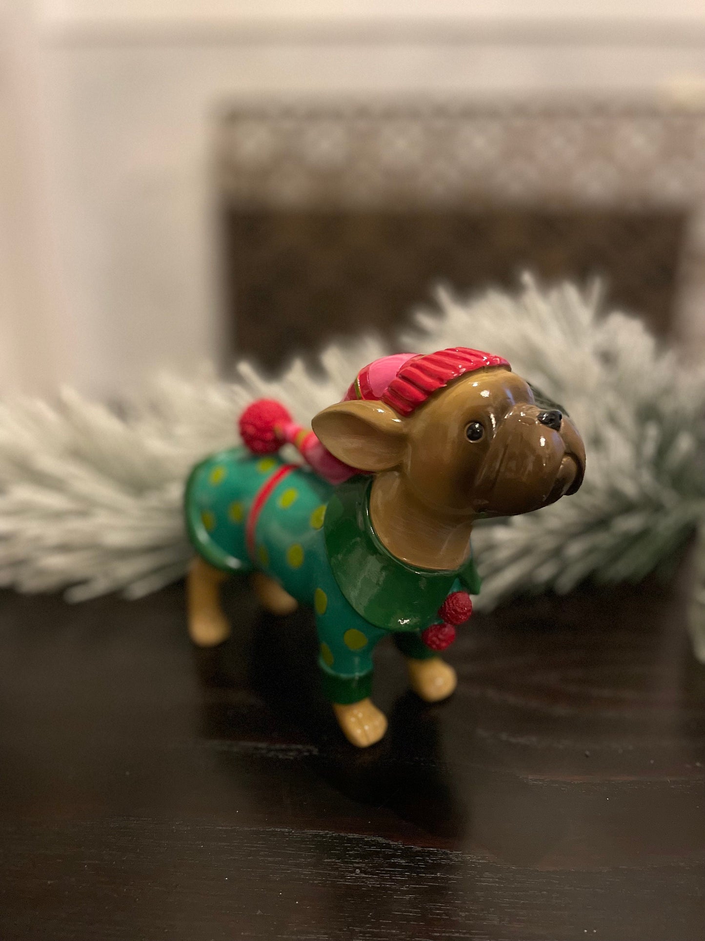 5.5” resin bulldog in Christmas sweater. Tabletop.