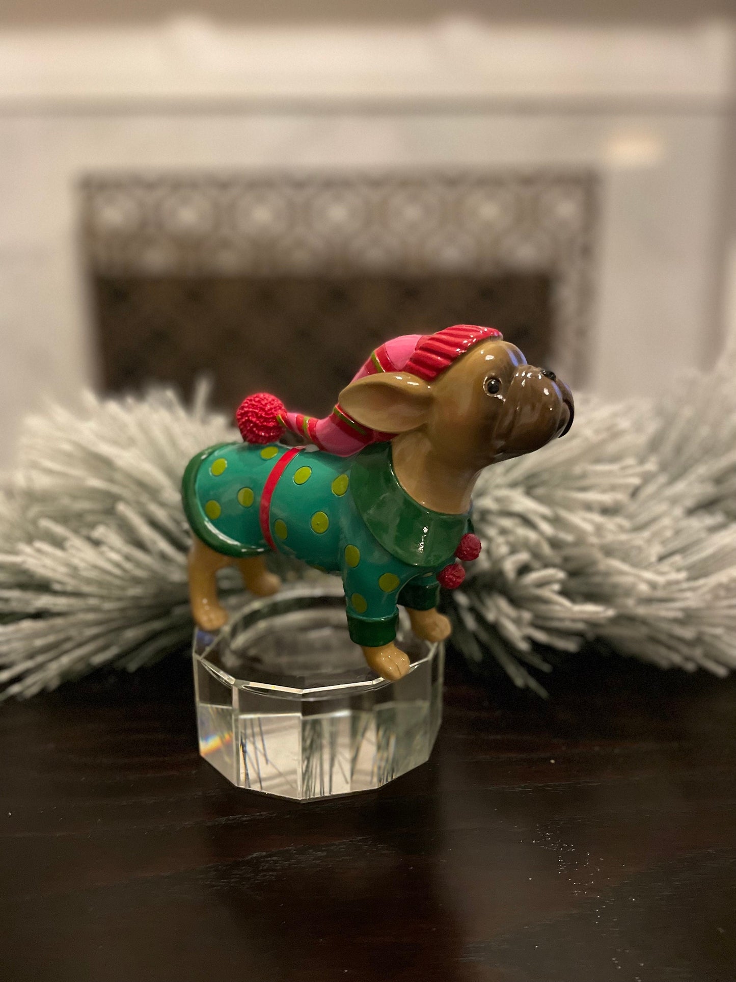 5.5” resin bulldog in Christmas sweater. Tabletop.
