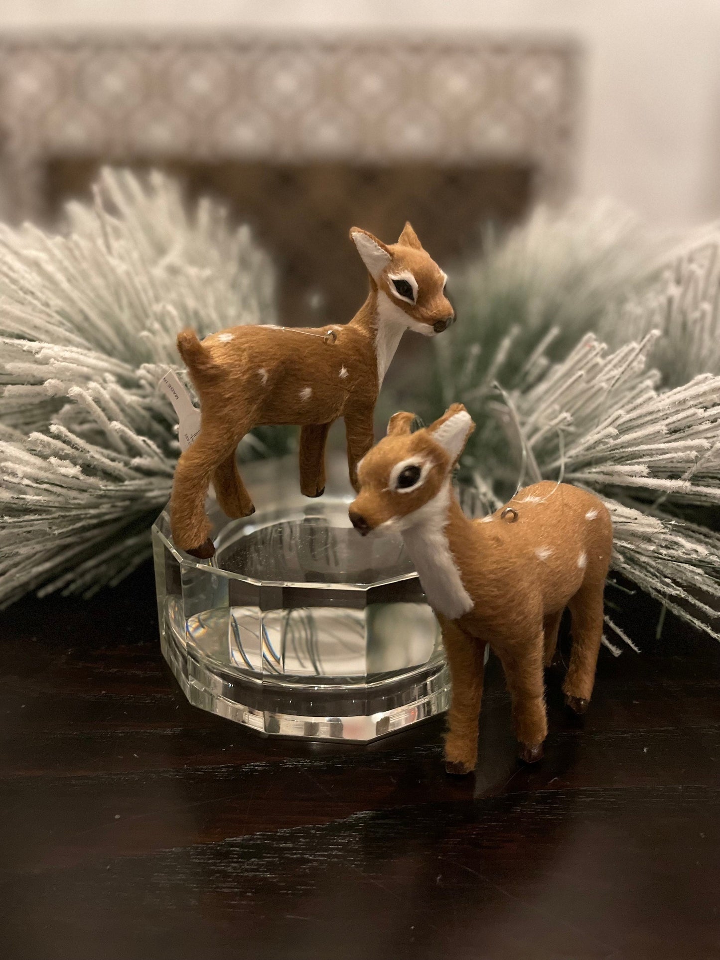 Set of 2. 5” furry fawn ornament. Forest animal.