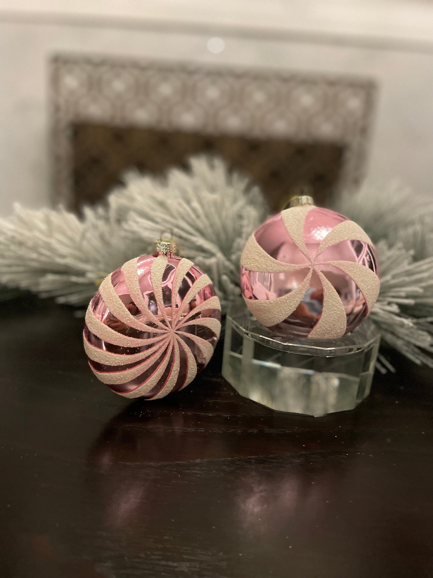 Set of 2. 4" glass peppermint candy disk ornament. Pink.