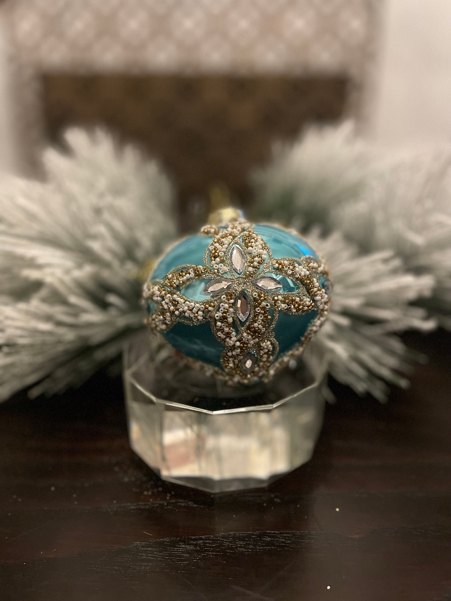 Set of 2. 4” glass beaded jewel trinity onion ornament. Aqua and silver.