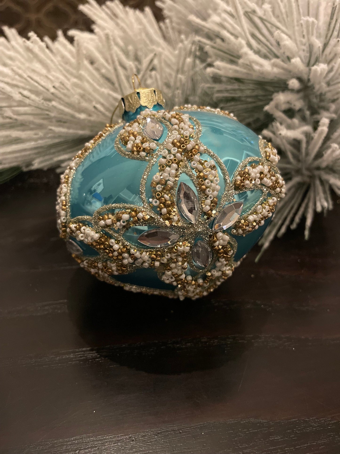 Set of 2. 4” glass beaded jewel trinity onion ornament. Aqua and silver.