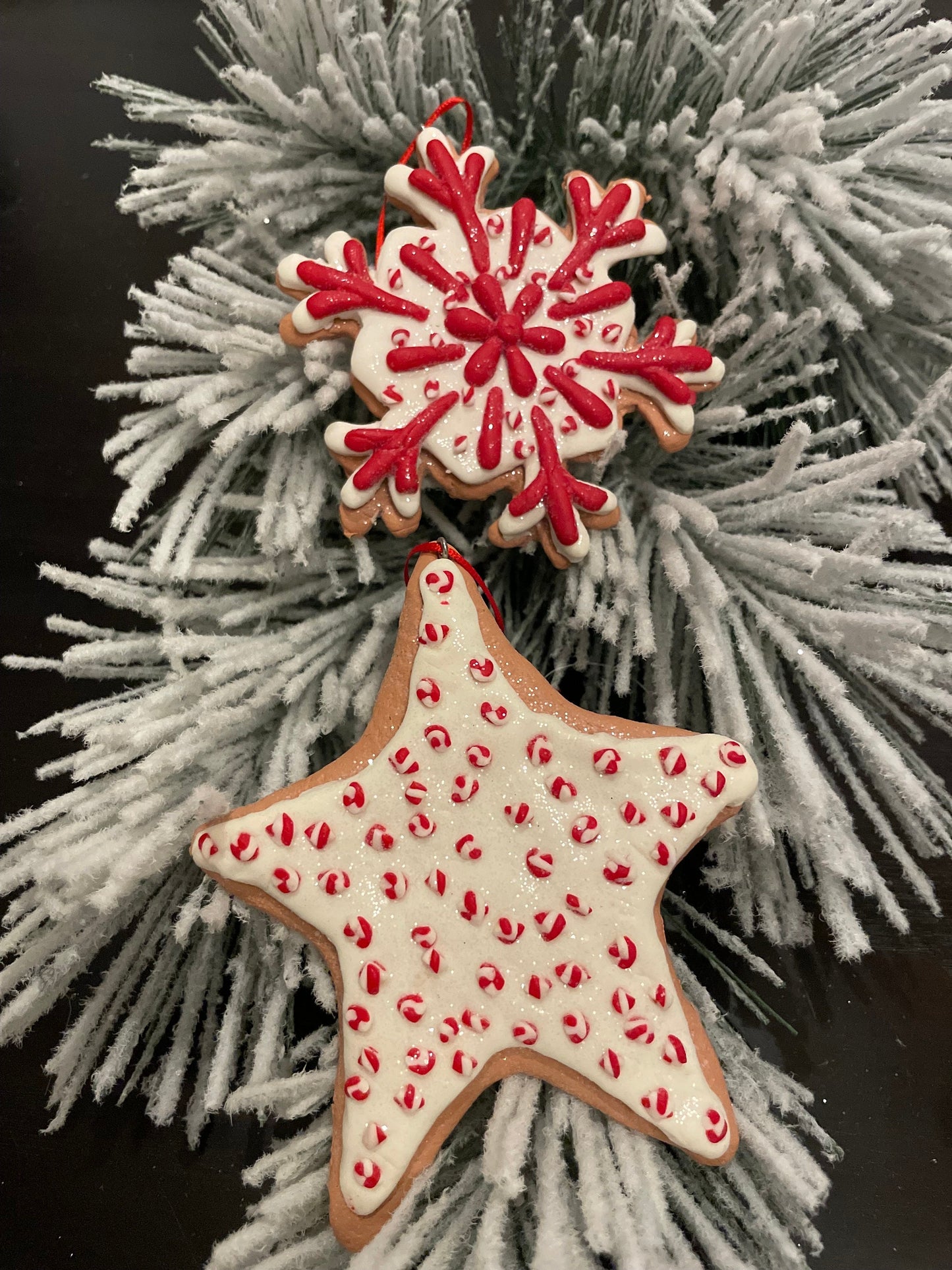 SET of 2. 4.5" Frosty Gingerbread snowflake and Star ornament.