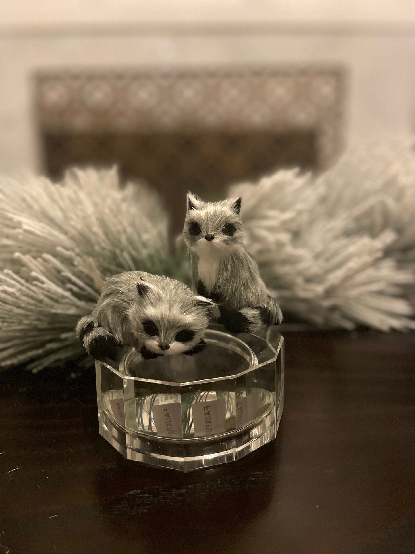 Set of 2. 3.5” furry raccoon ornament. Forest animal.