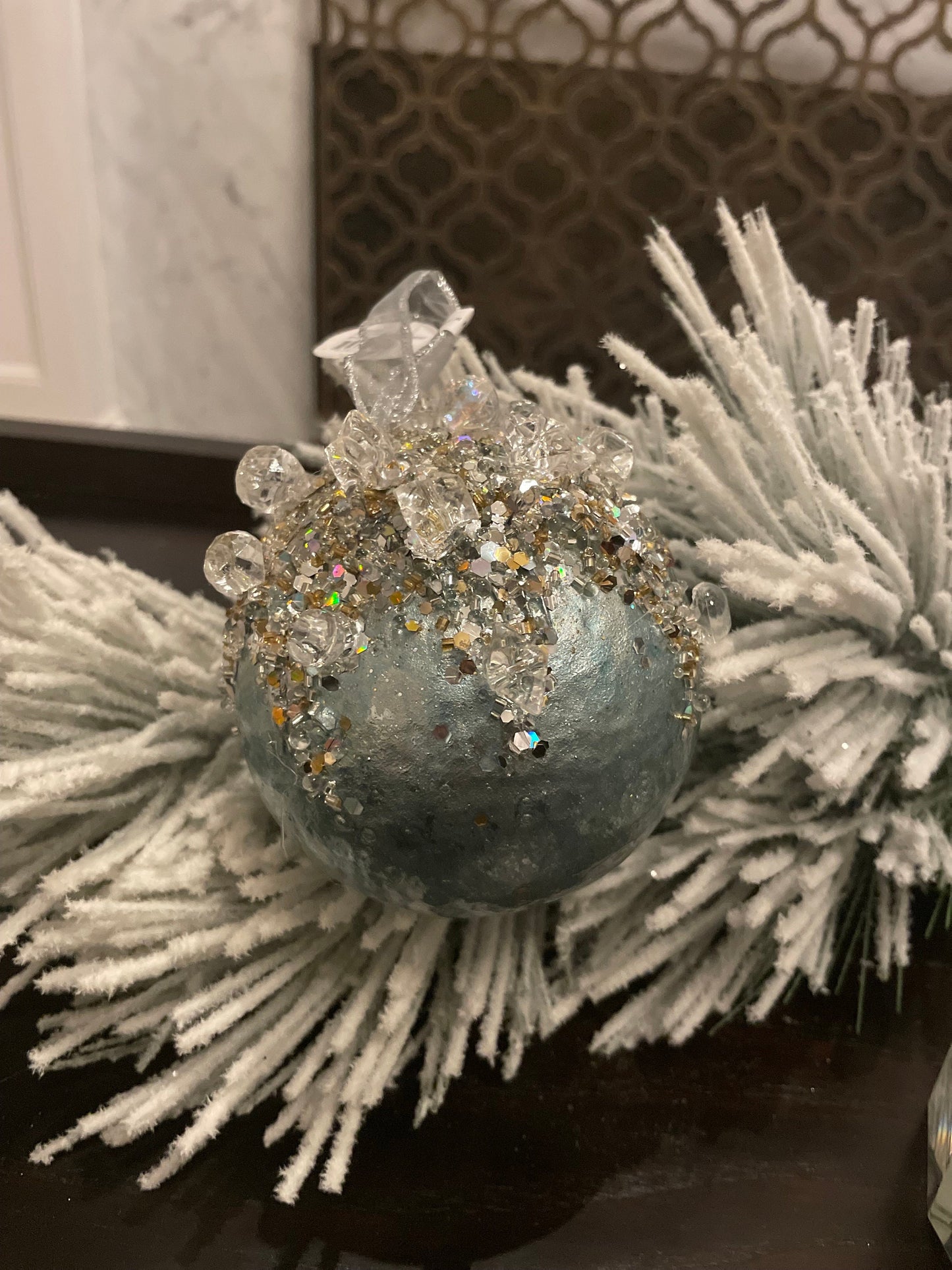 4" heavy jeweled ball ornament aqua