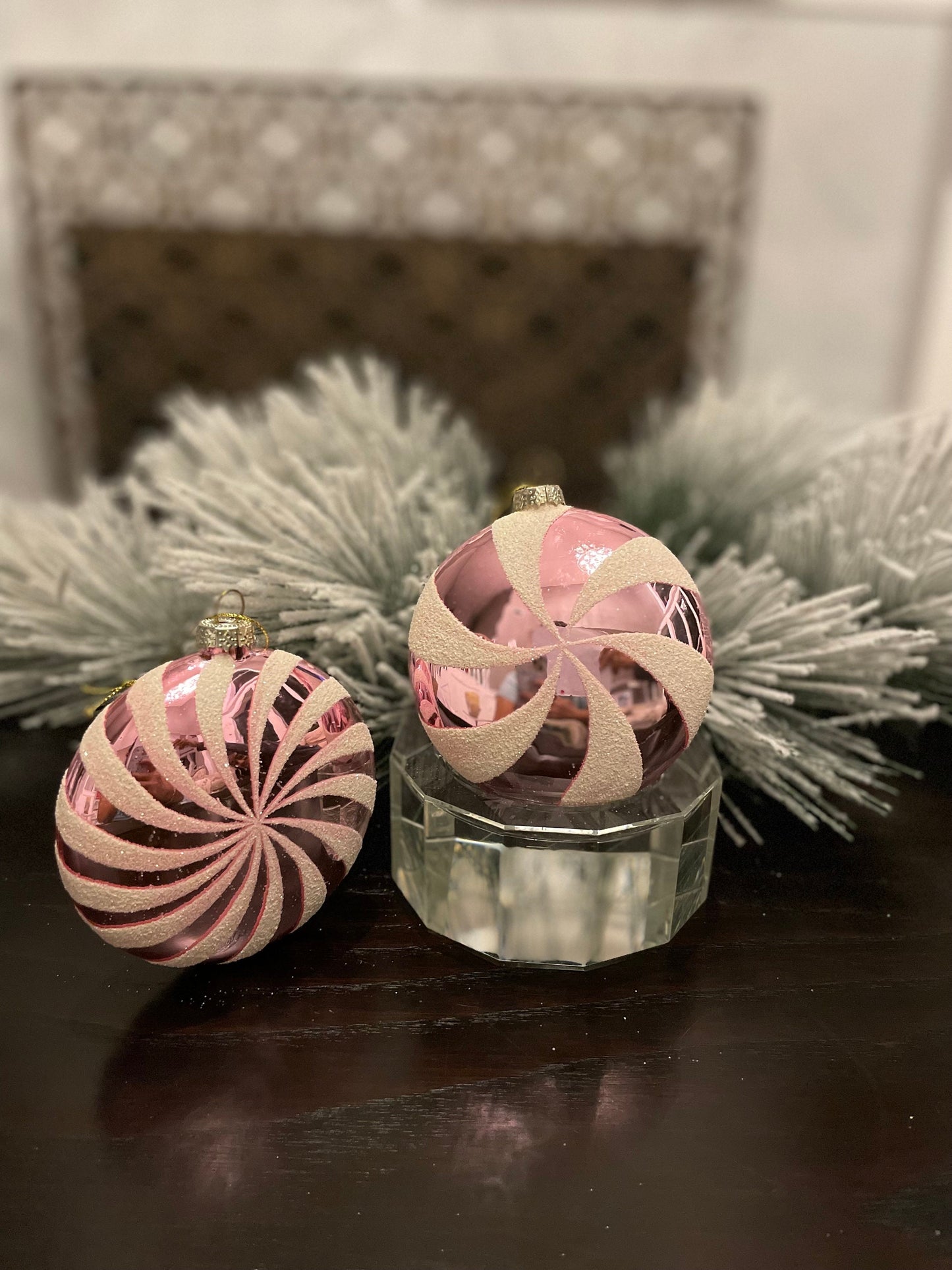 Set of 2. 4" glass peppermint candy disk ornament. Pink.