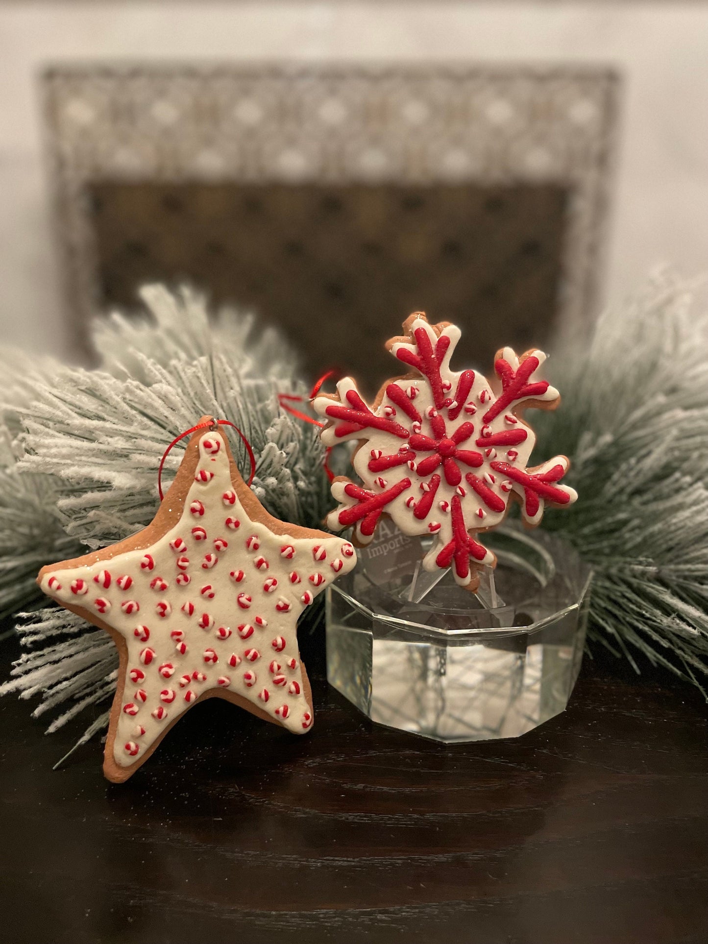 SET of 2. 4.5" Frosty Gingerbread snowflake and Star ornament.