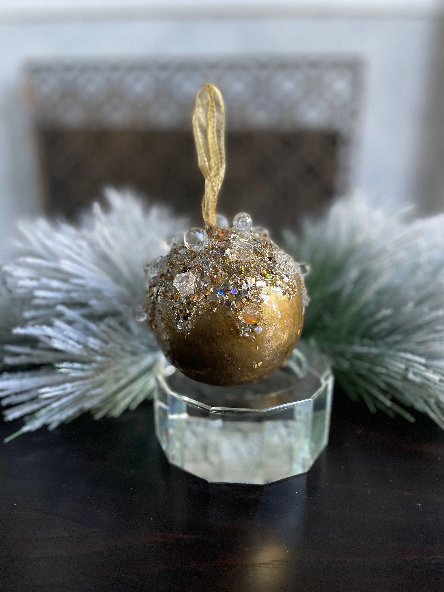 4" heavy jeweled ball ornament gold.