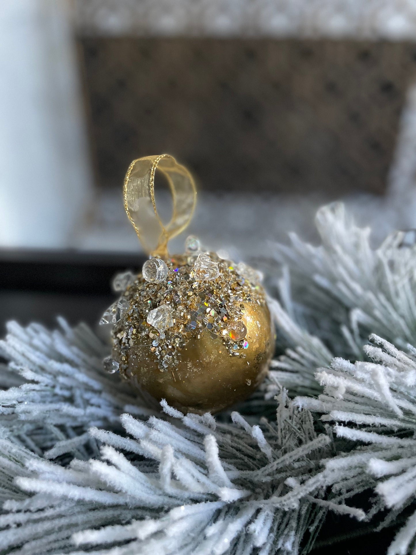 4" heavy jeweled ball ornament gold.